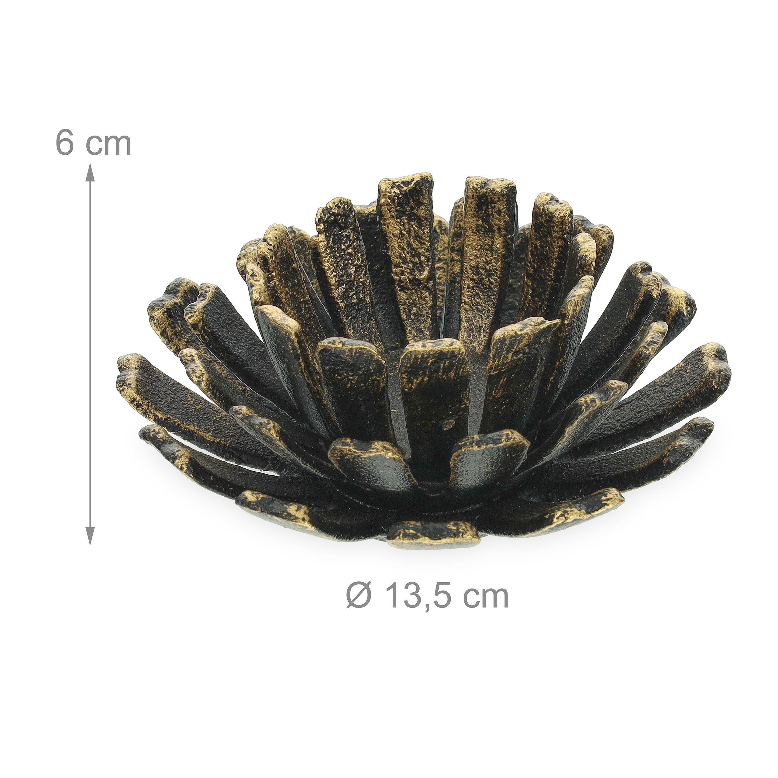 Dunkle, goldpatinierte Kerzenschale in Lotusblütenform, 6 cm hoch und 13,5 cm breit.