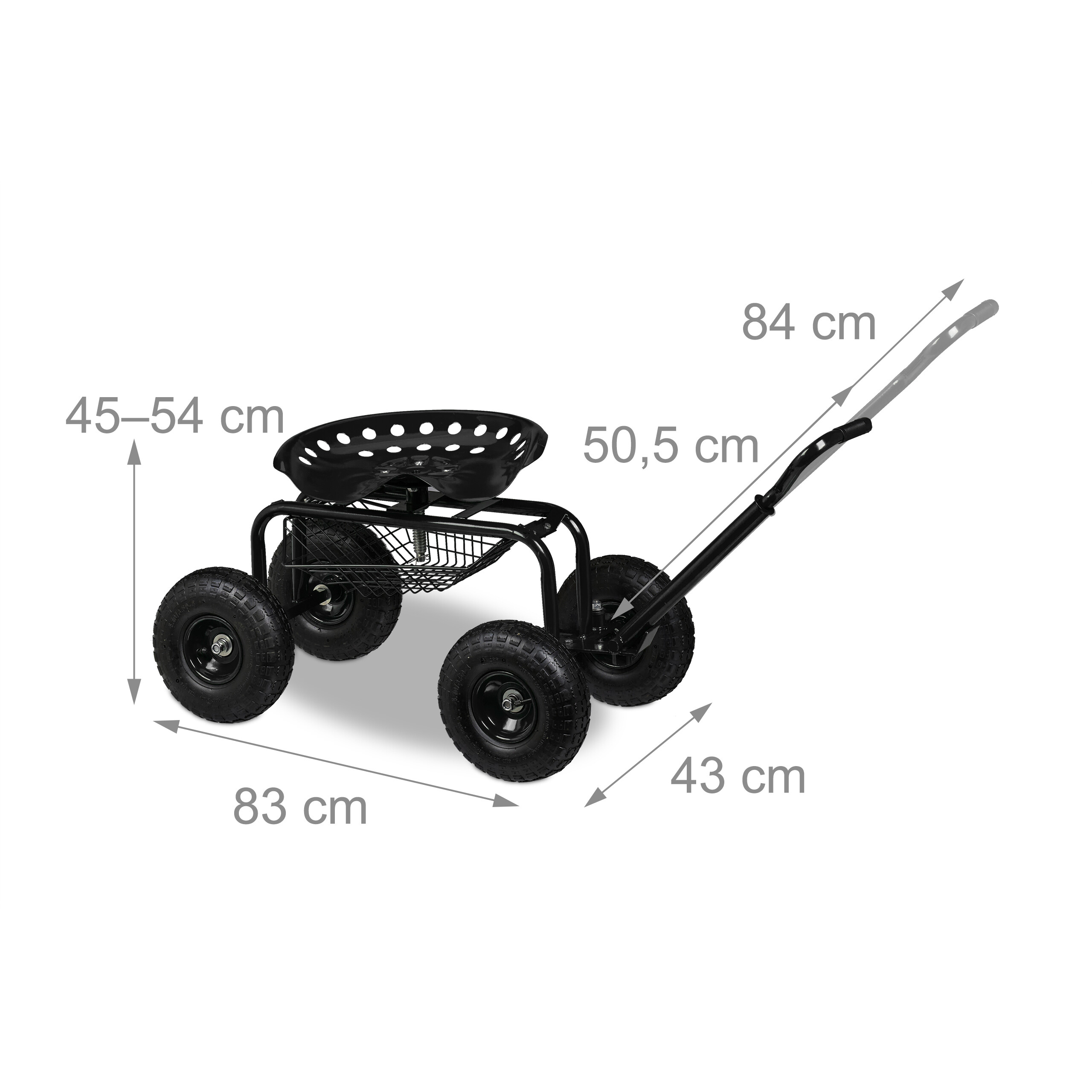 Ein schwarzer Gartenroller mit Sitz, Drahtkorb und Maßangaben vor weißem Hintergrund.