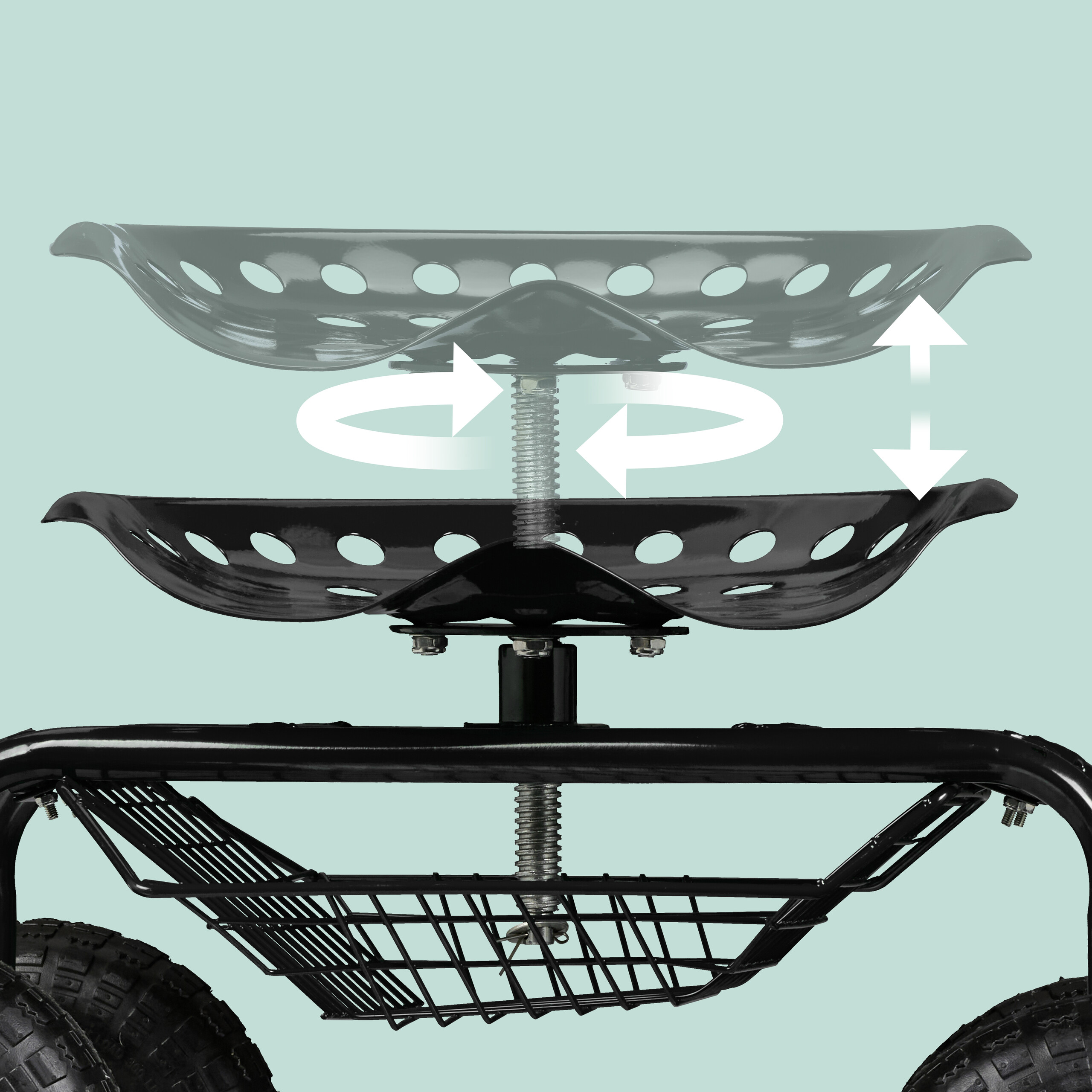 Diagramm zeigt Höhenverstellung und 360-Grad-Drehung eines schwarzen Metall-Gartenwagensitzes.