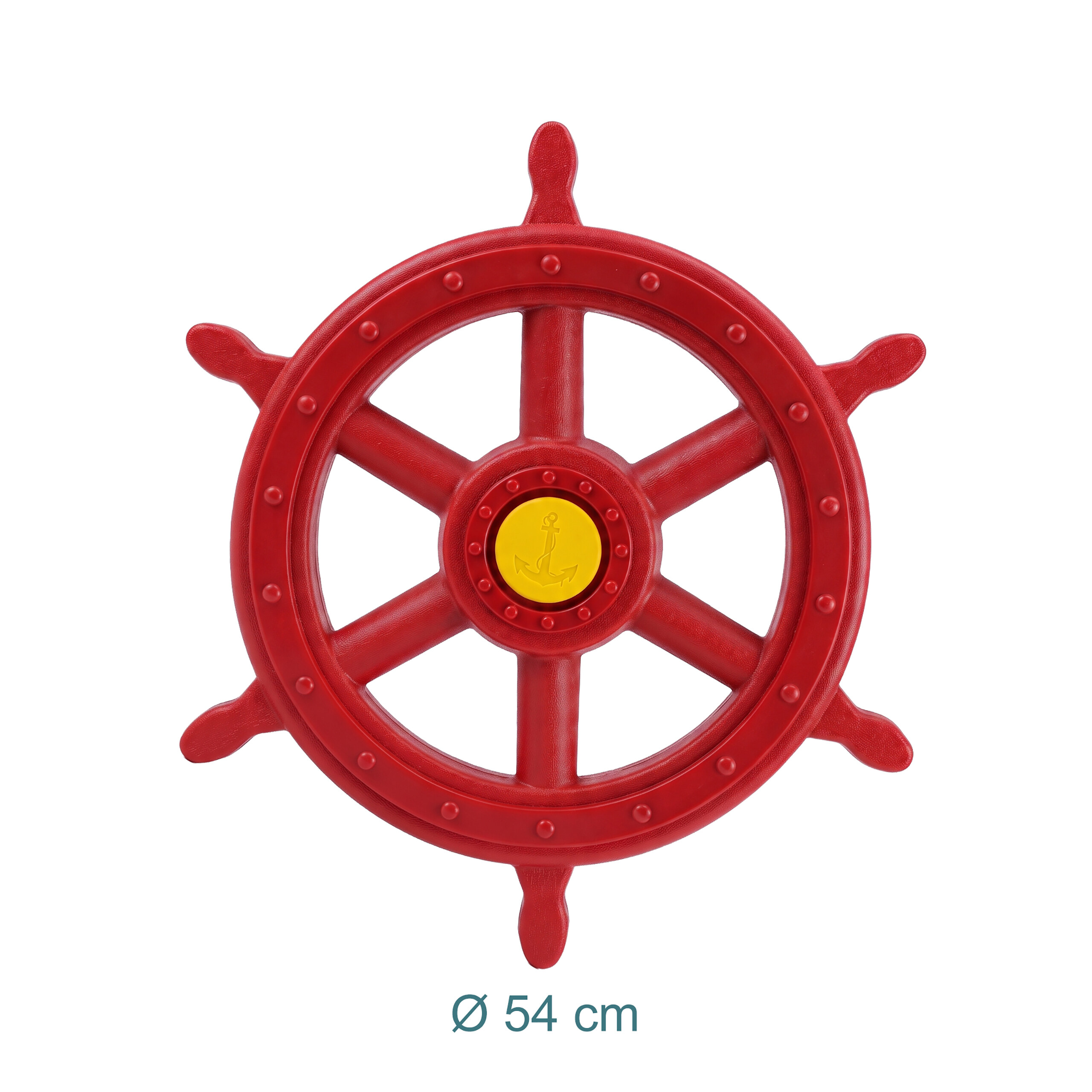 Rotes Schiffssteuerrad aus Kunststoff mit gelbem Anker in der Mitte, Durchmesser 54 cm.