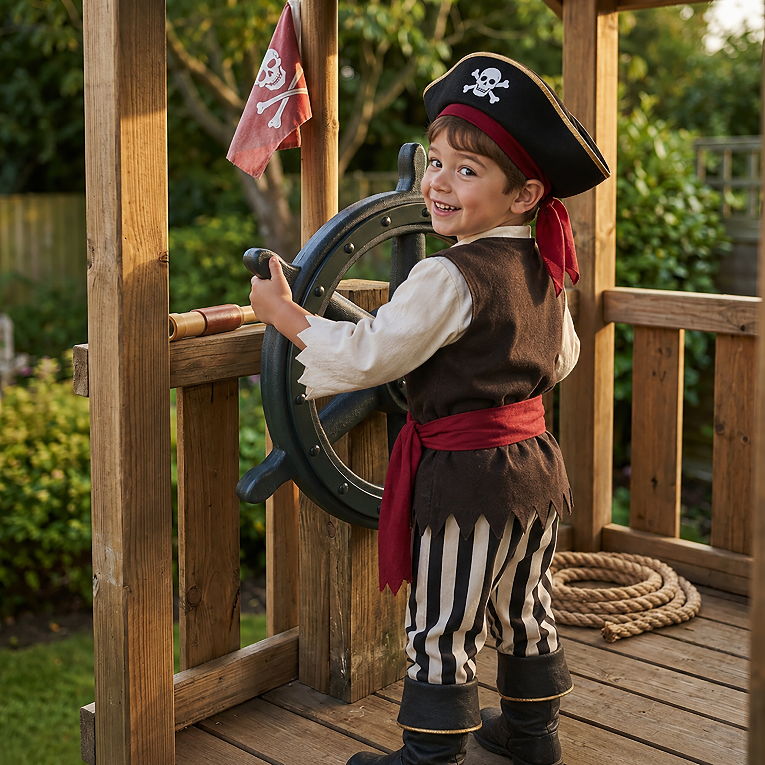 Kind im Piratenkostüm steht am Steuerrad in einem Holzspielhaus und lächelt.