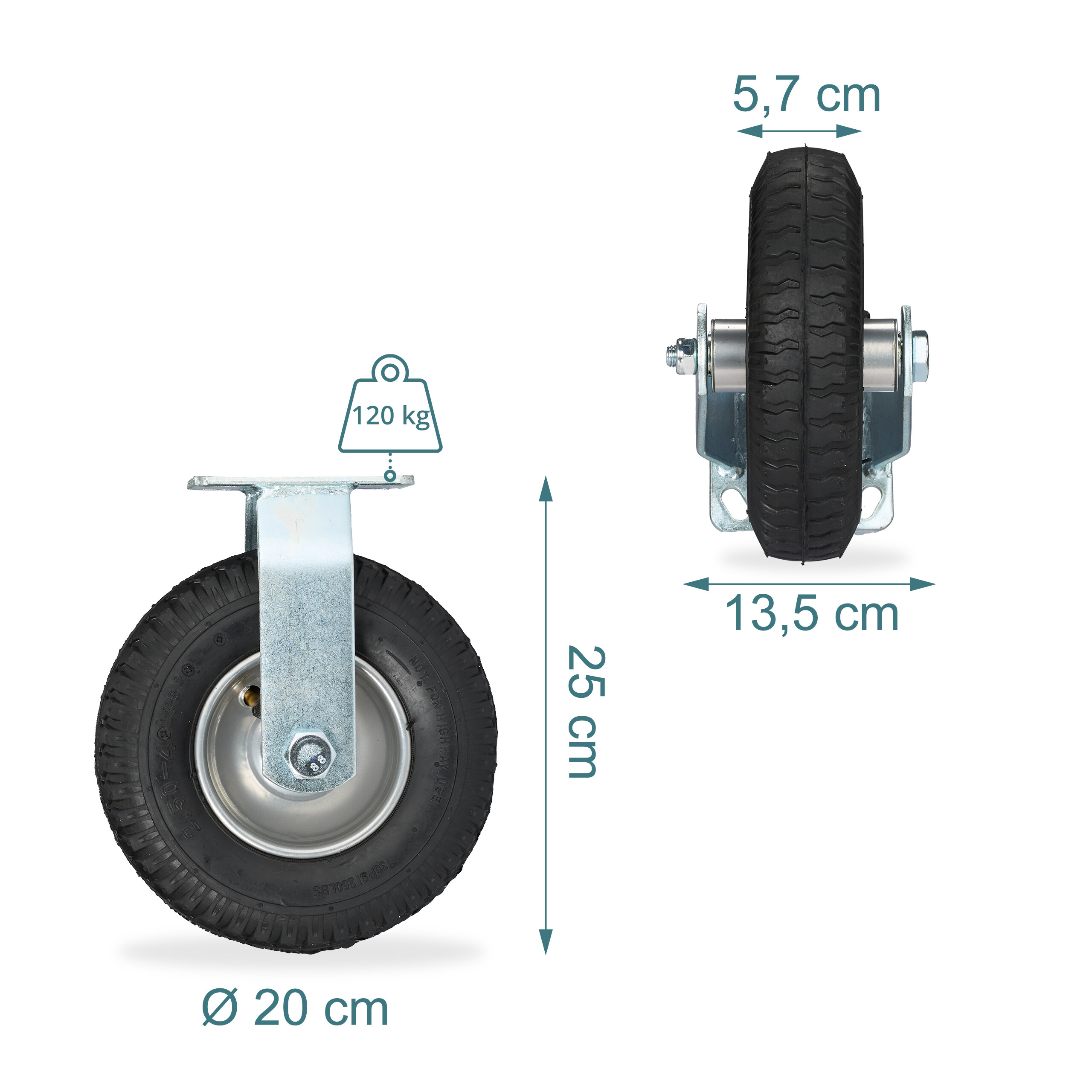 Technische Zeichnung einer Luft-Lenkrolle mit Maßen und einer Tragkraft von 120 kg.