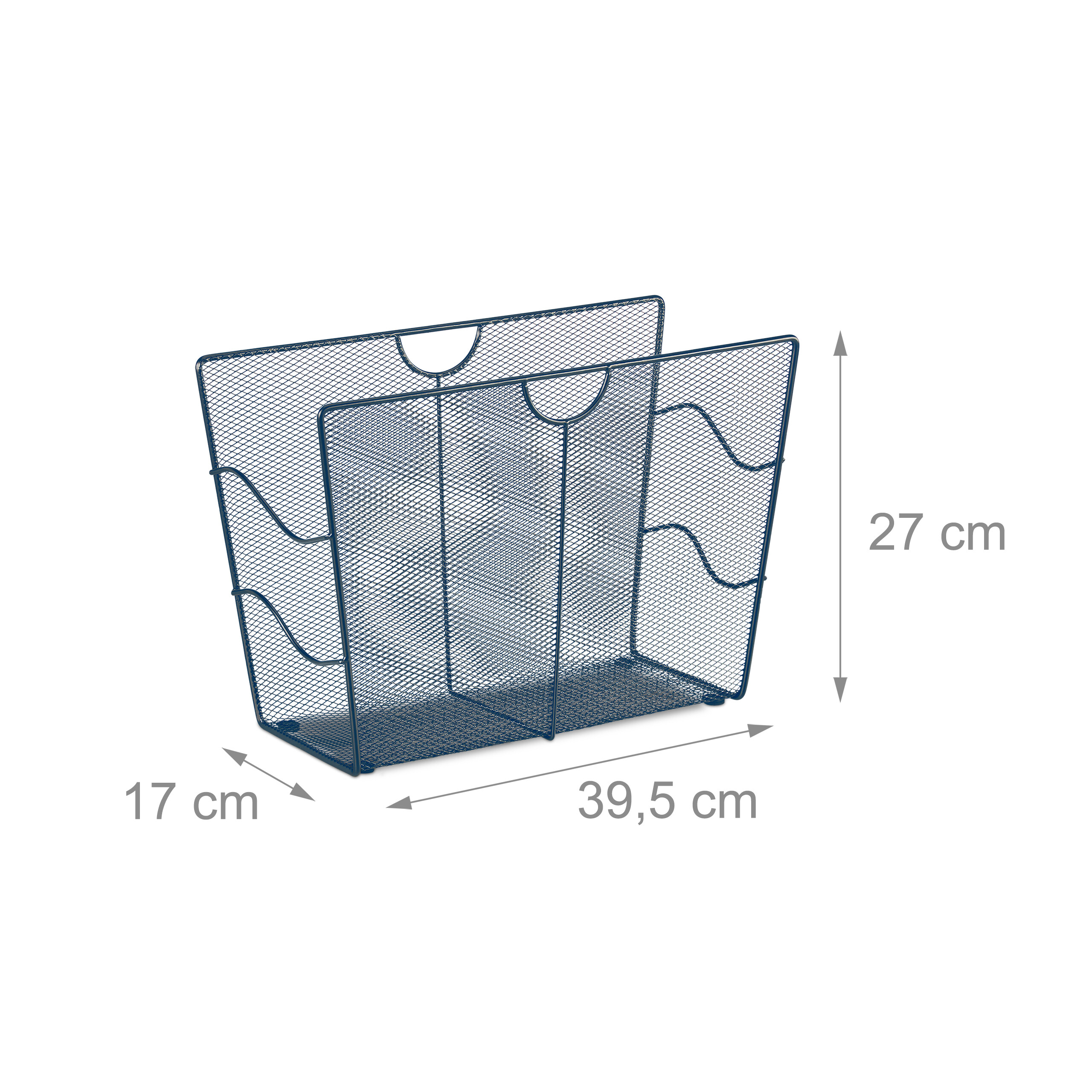 Dunkelblauer Aktenkorb aus Metallnetz mit Maßen 39,5x17x27 cm auf weißem Grund.