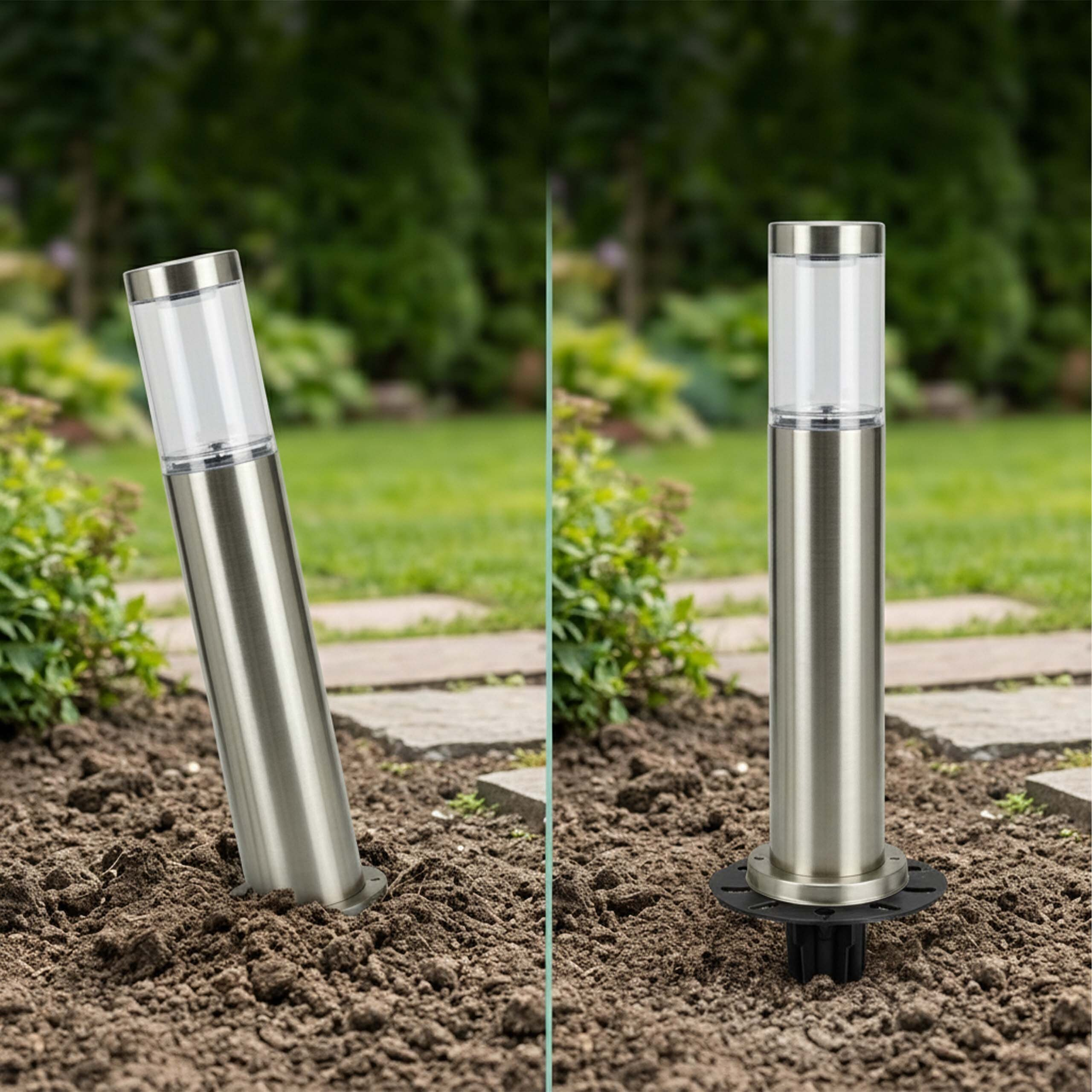 Zwei Edelstahl-Gartenleuchten im Boden, links schräg, rechts mit Erdspieß.