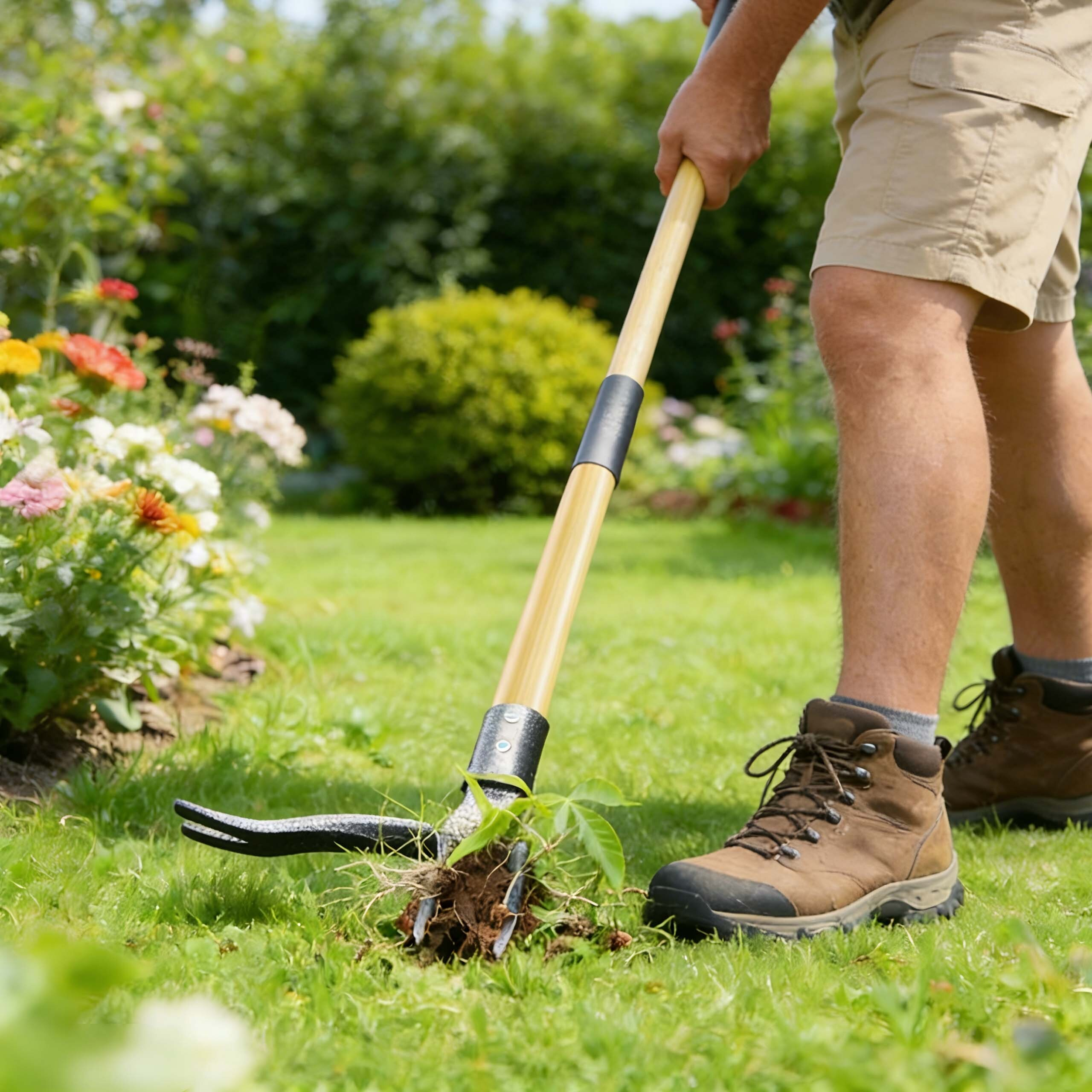 Ein Gärtner in Khakishorts und Wanderschuhen entfernt Unkraut mit einem langen Werkzeug in einem blühenden Garten.