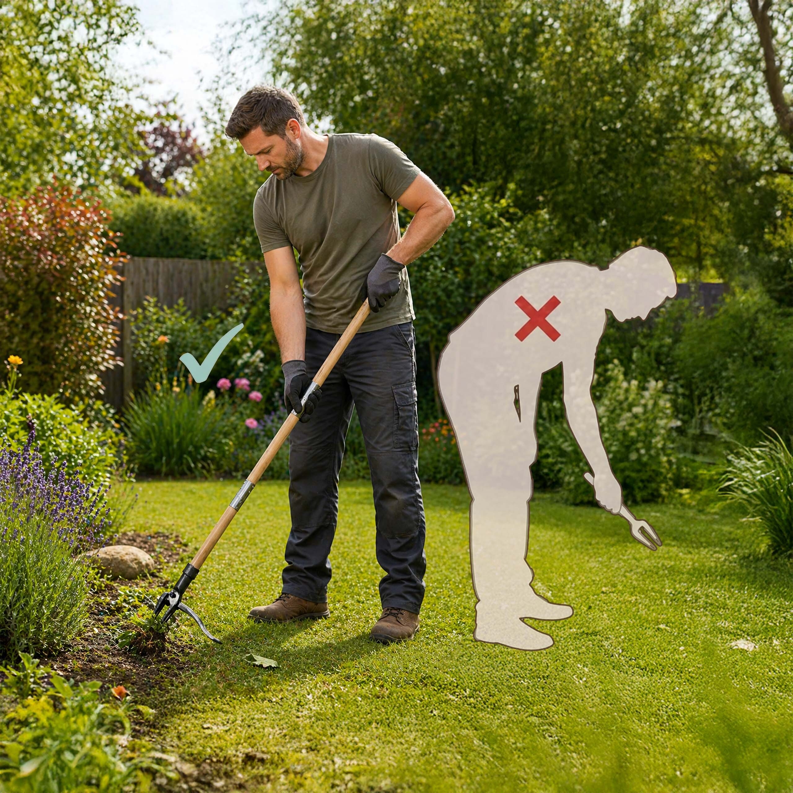 Ein Mann im Garten zeigt richtige und falsche Körperhaltung beim Unkrautjäten mit einem Langstielgerät.