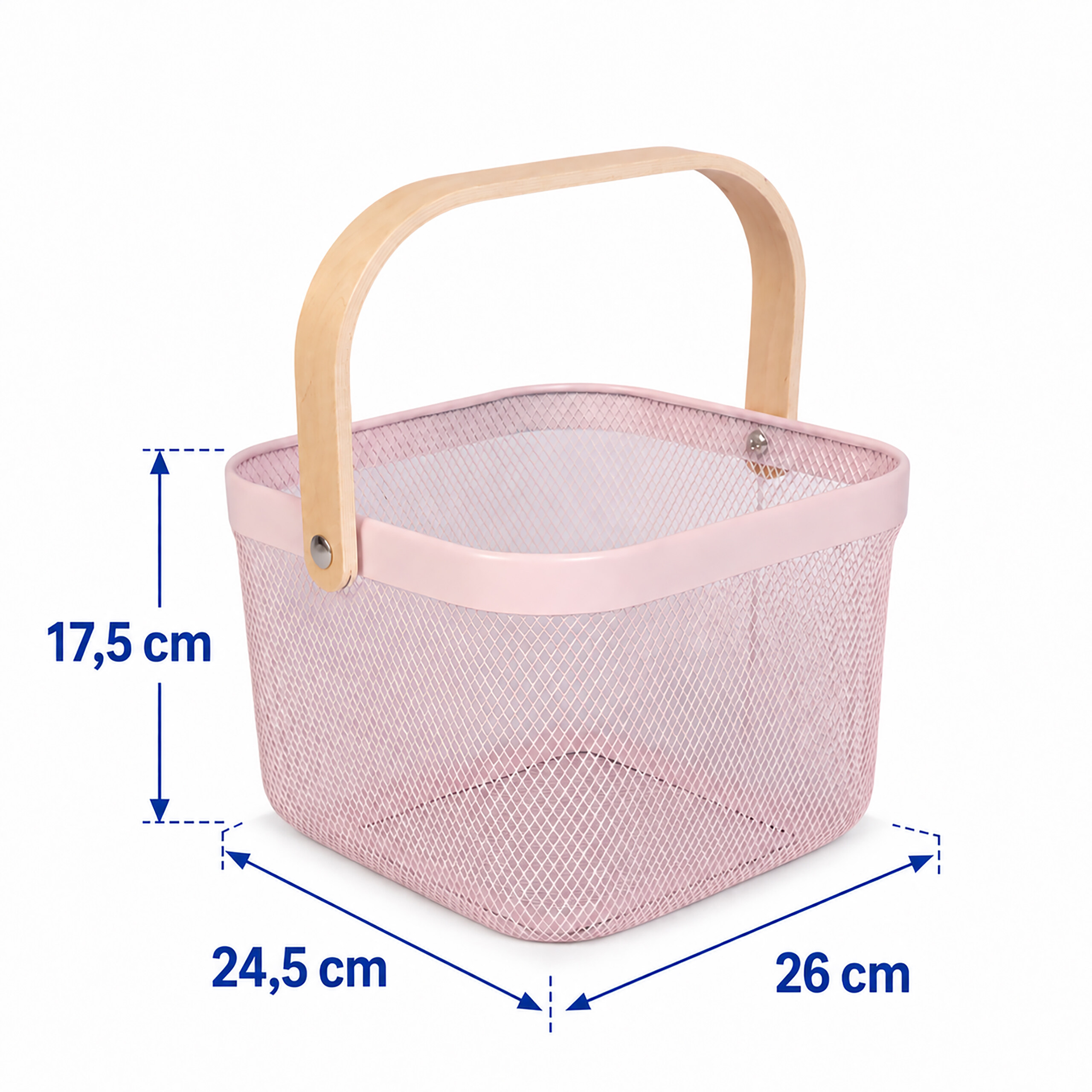Rosa Metallkorb mit Holzgriff und Maßangaben in cm auf weißem Hintergrund.