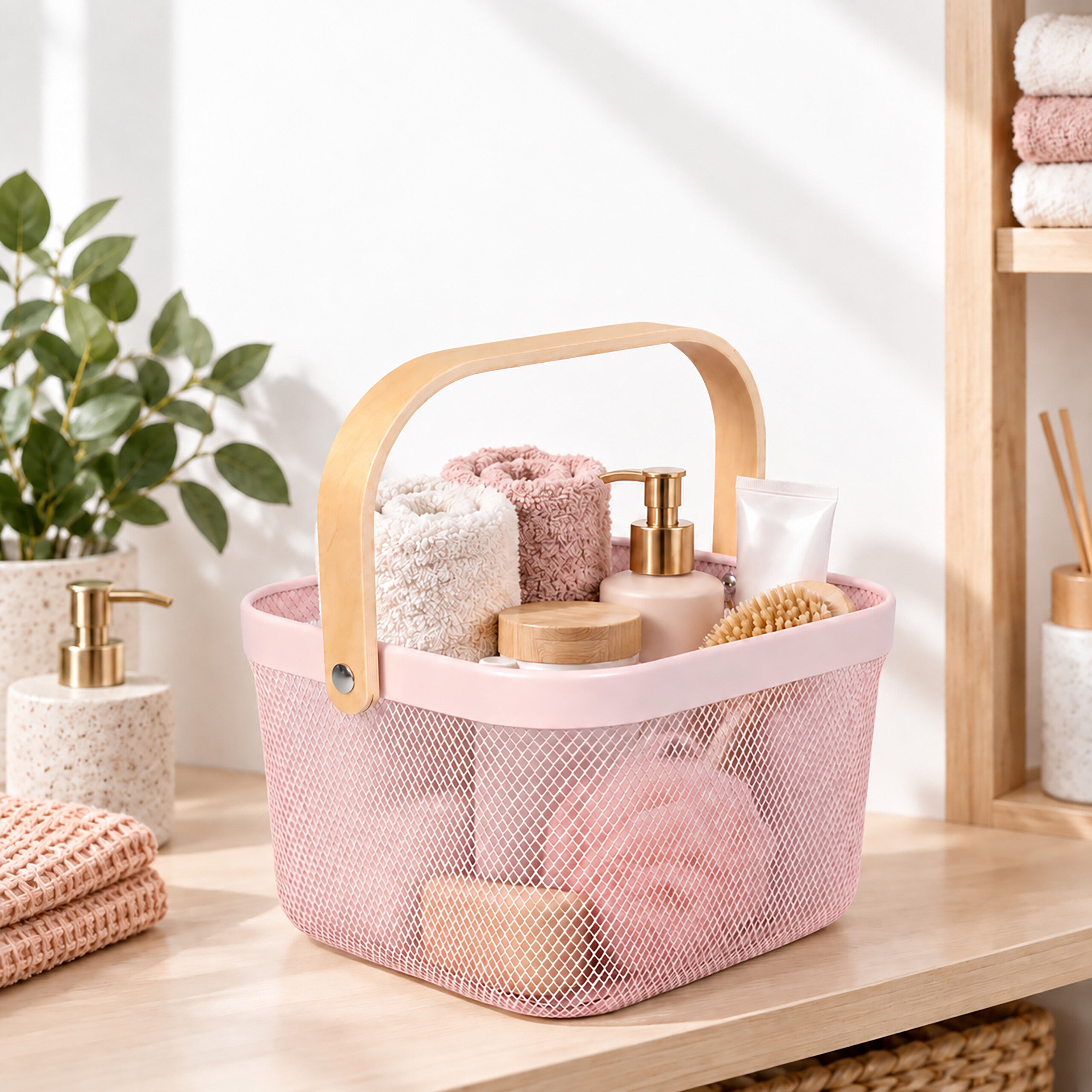 Ein rosa Netzkorb mit Holzgriff enthält Handtücher und Pflegeprodukte auf einer Holzoberfläche.