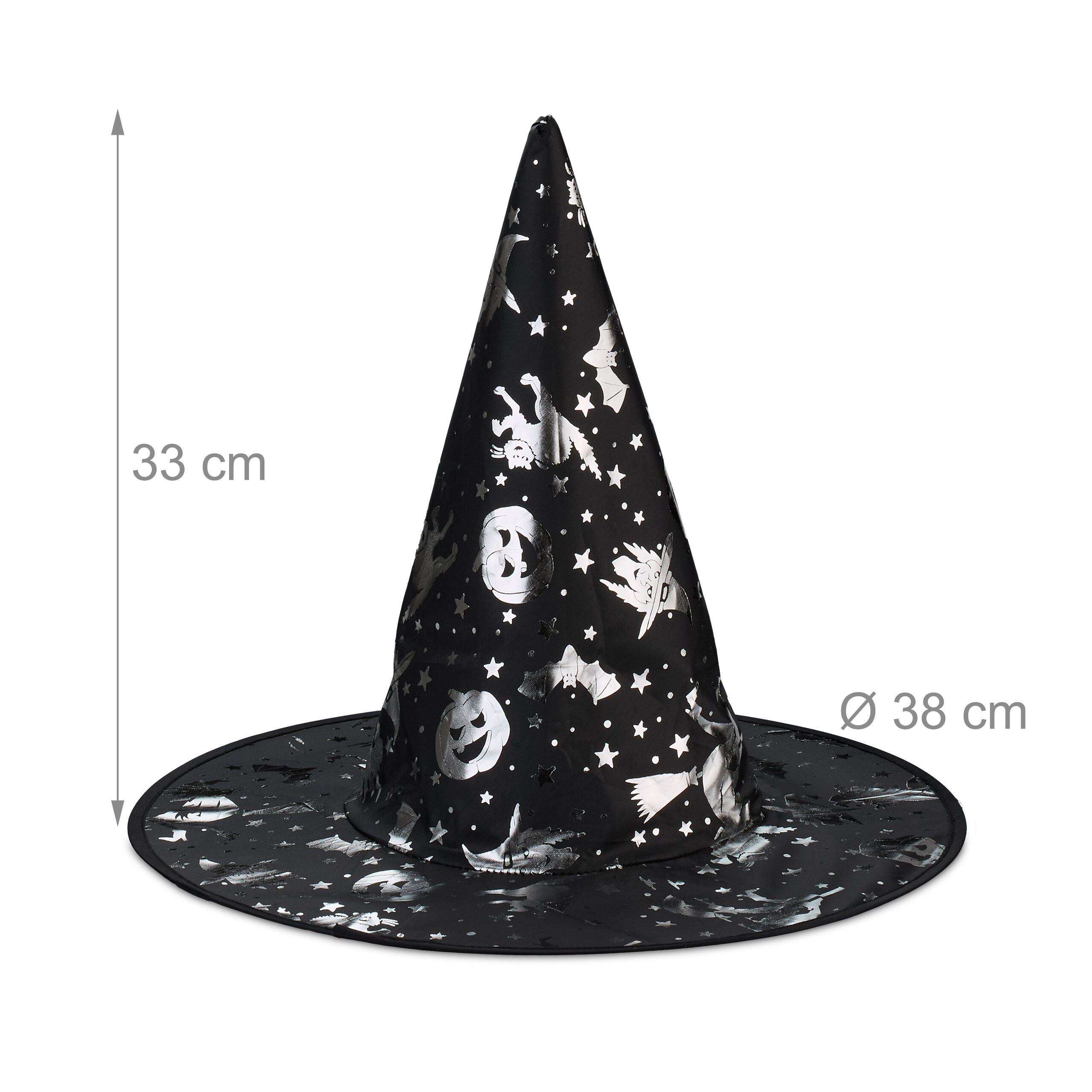 Schwarzer Hexenhut mit silbernem Halloween-Muster, Höhe 33 cm, Durchmesser 38 cm.