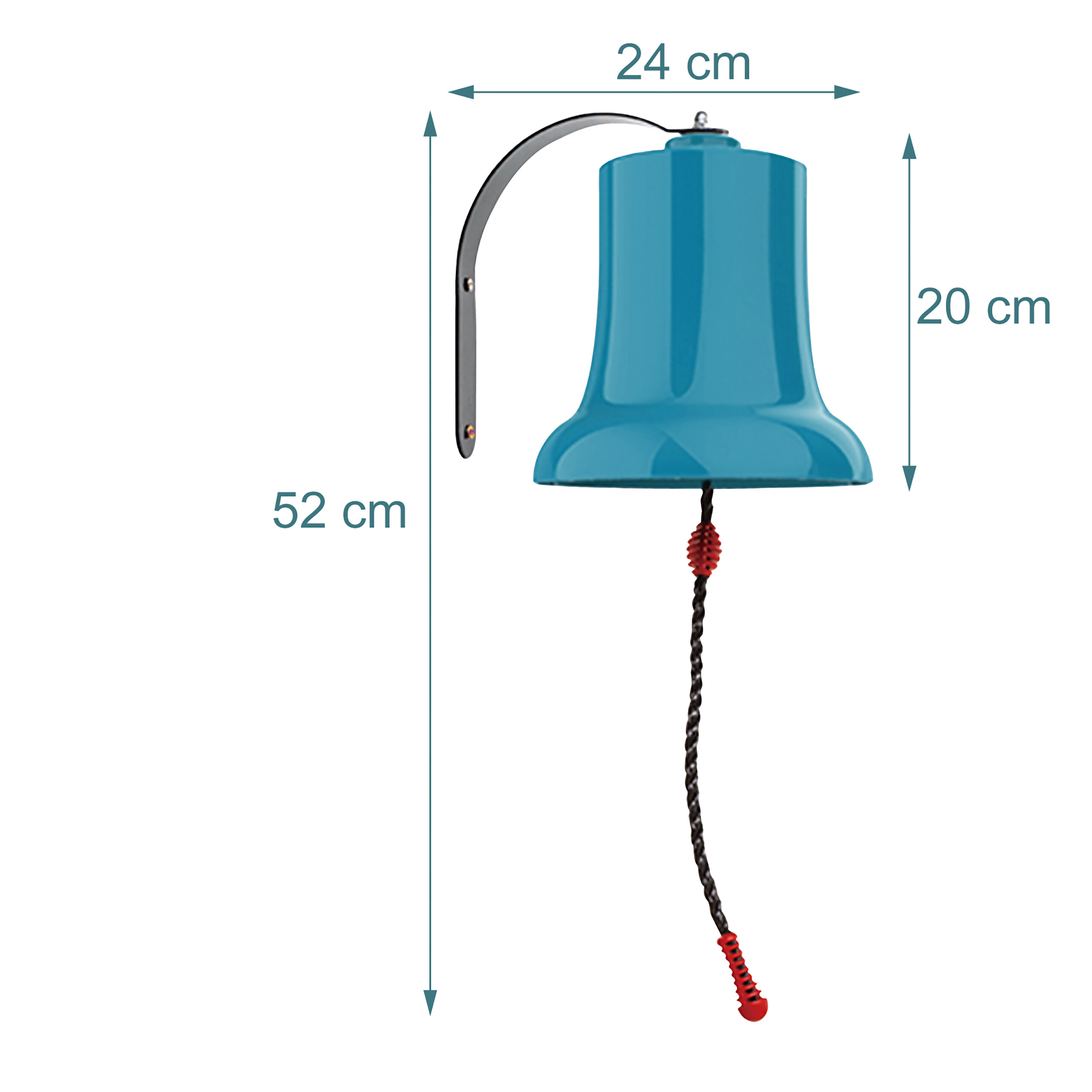 Blaue Wandglocke mit Maßen: 24 cm Breite, 20 cm Höhe und 52 cm Gesamthöhe mit Seil.