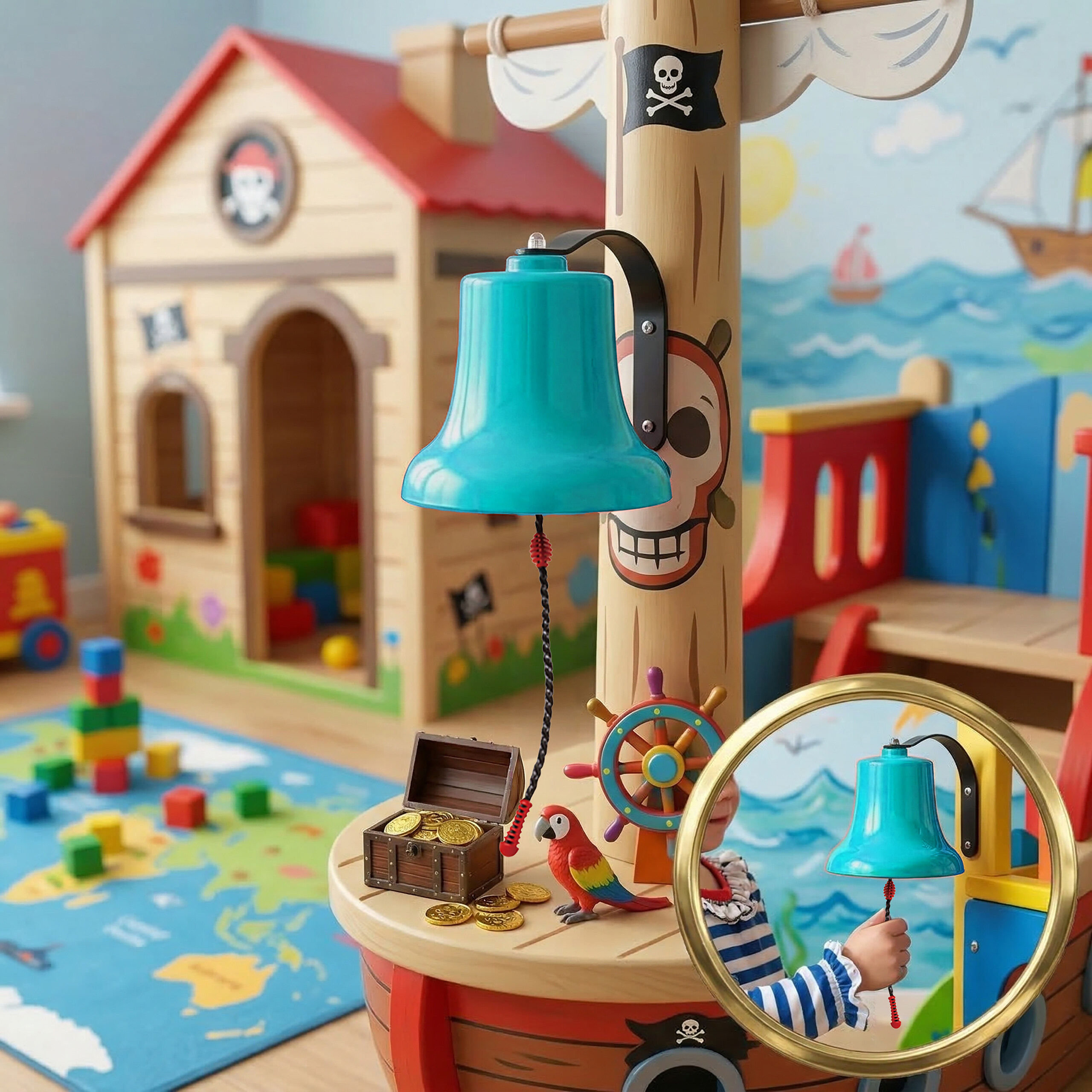 Ein hölzernes Piratenschiff-Spielset mit blauer Glocke, Schatztruhe, Papagei und einem hölzernen Spielhaus im Hintergrund.