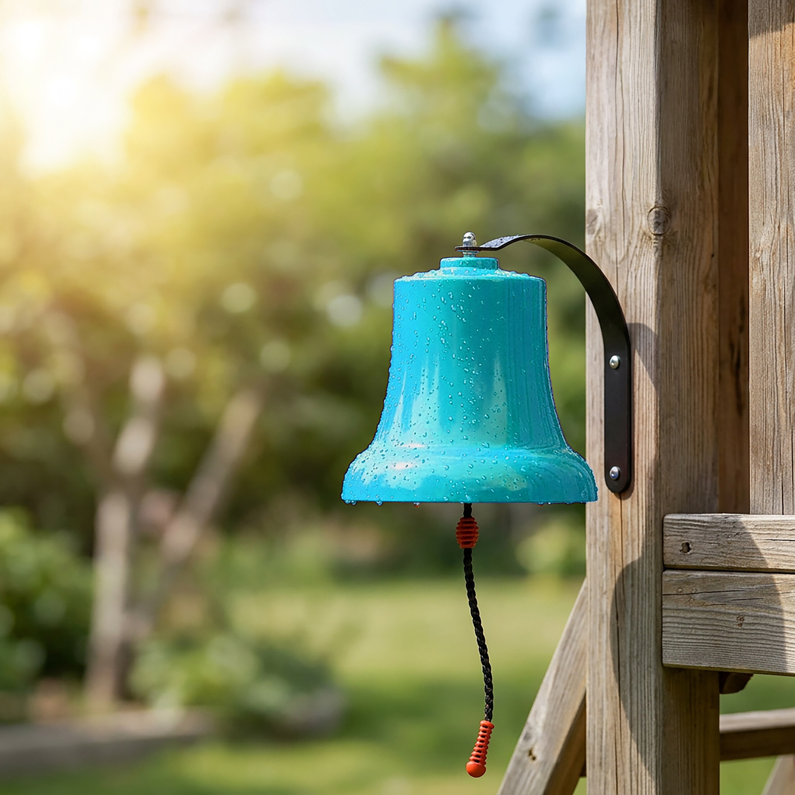Eine türkisfarbene Glocke mit Wassertropfen hängt an einer Holzstruktur im Garten.