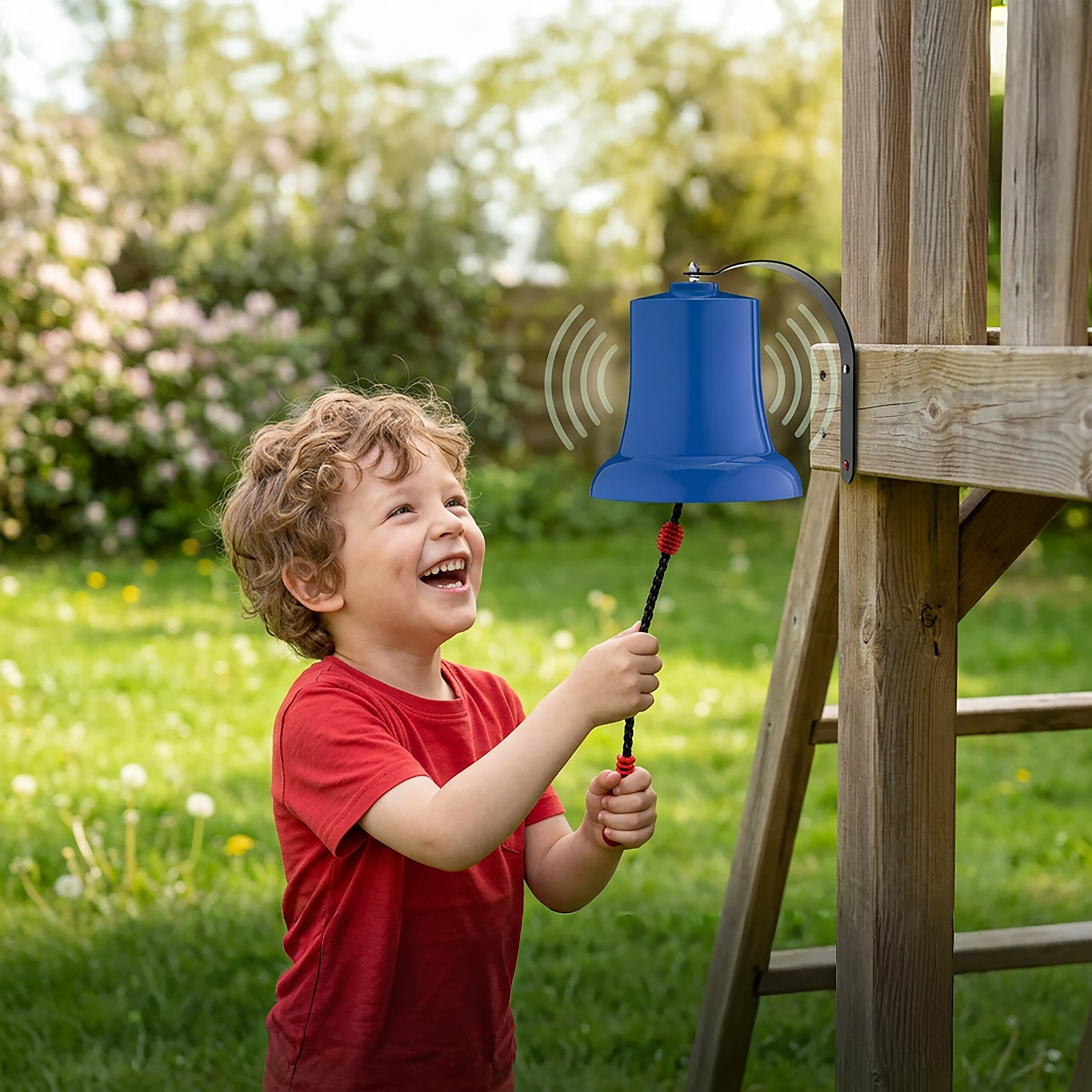 Ein glücklicher Junge in einem roten Shirt lächelt und ringt eine blaue Glocke an einem Holzspielplatz im Garten.