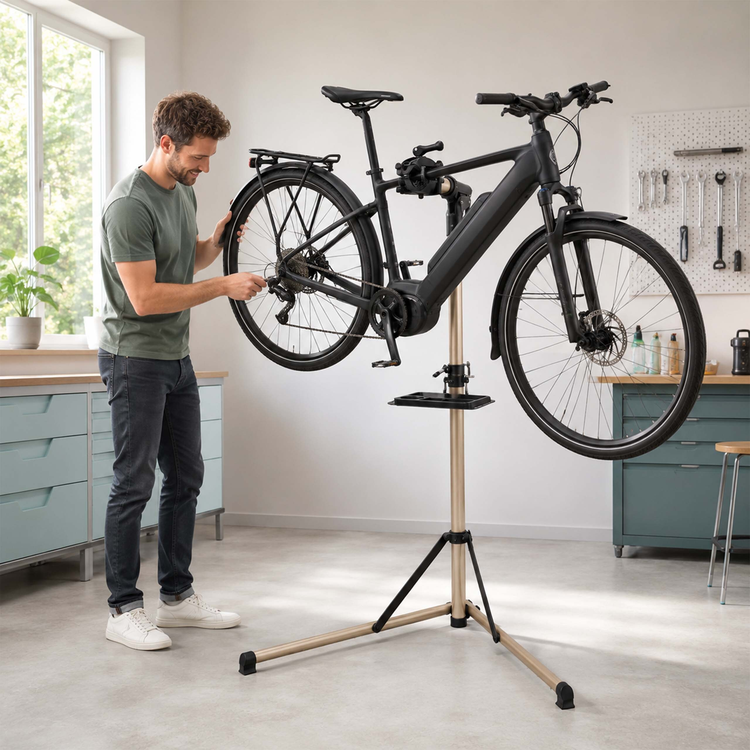 Ein Mann repariert ein schwarzes E-Bike auf einem Montageständer in einer Werkstatt.