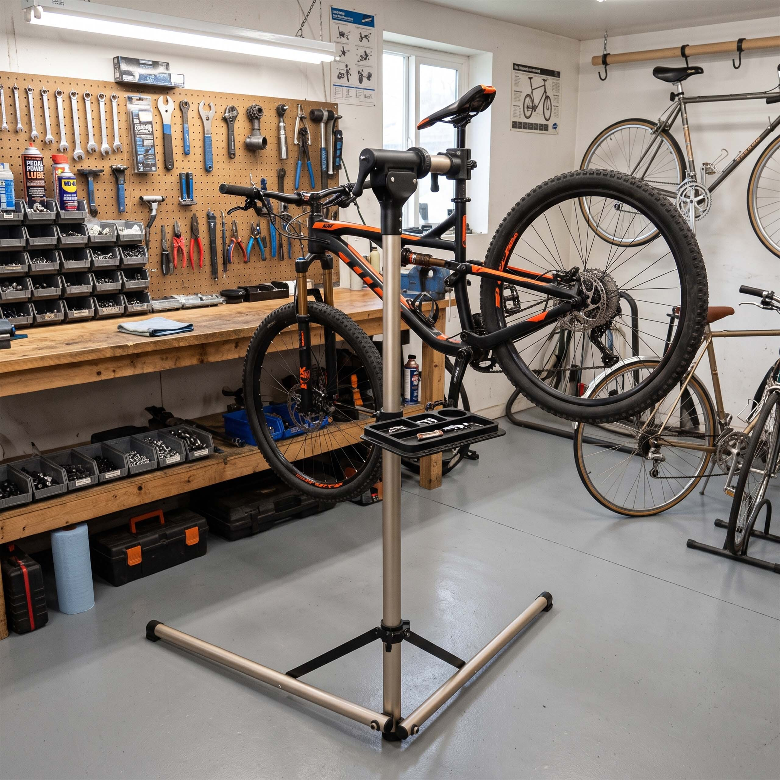 Ein schwarz-oranges Fahrrad auf einem Reparaturständer in einer Werkstatt mit Werkzeugwand und anderen Fahrrädern.