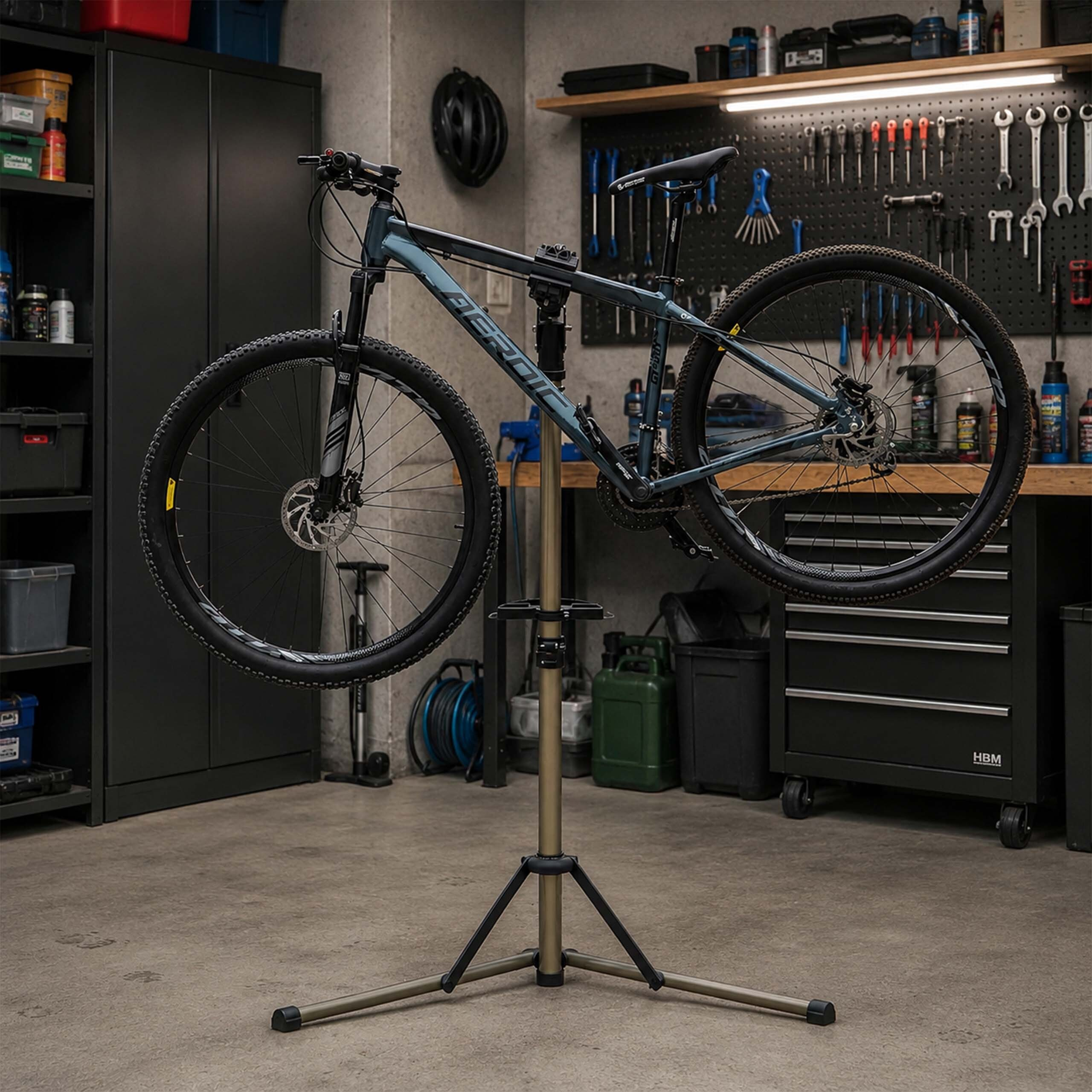 Ein graues Mountainbike steht in einer Werkstatt auf einem Montageständer, im Hintergrund hängen Werkzeuge an der Wand.
