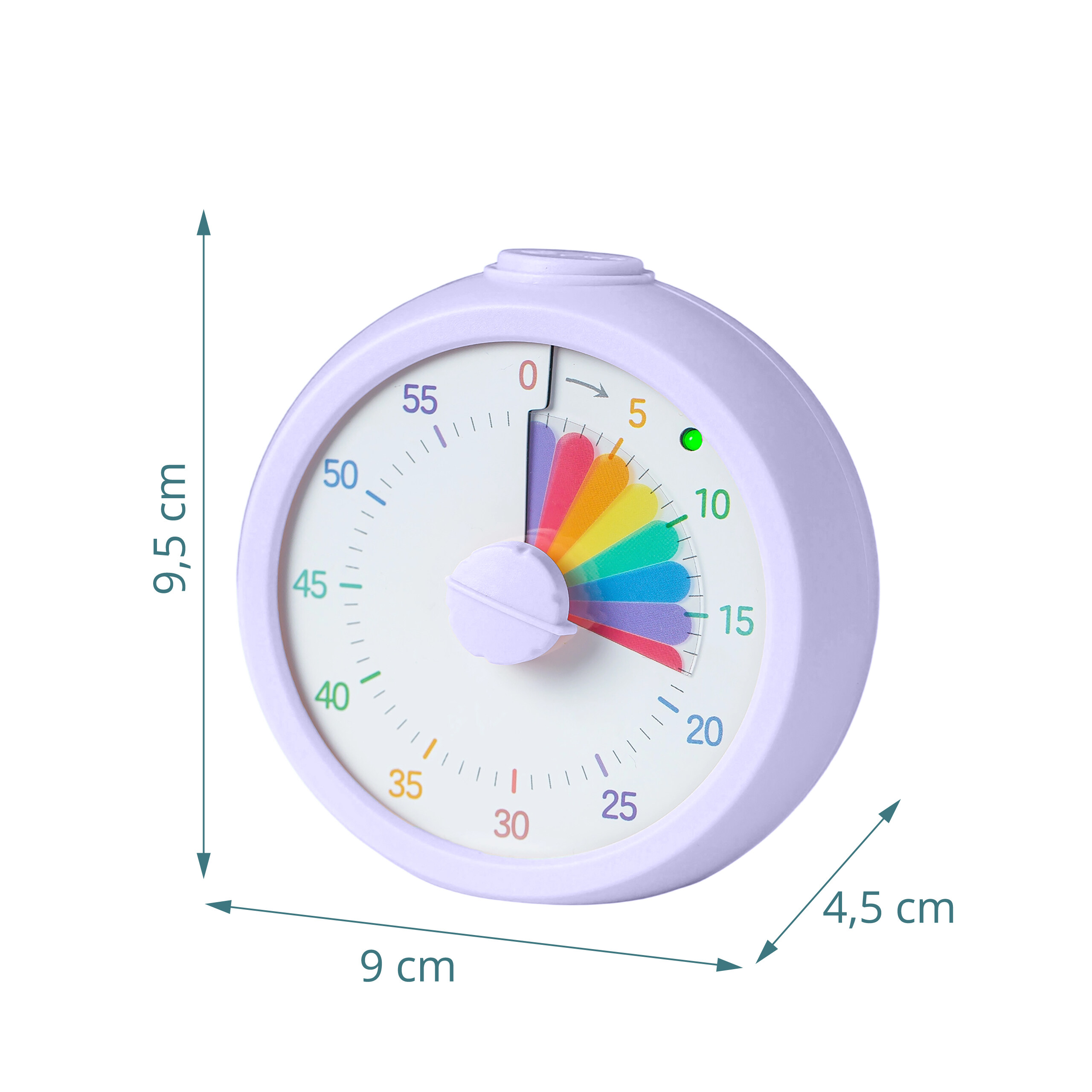 Ein hellvioletter visueller Timer, 9,5 cm hoch, 9 cm breit und 4,5 cm tief, mit einem bunten Countdown.