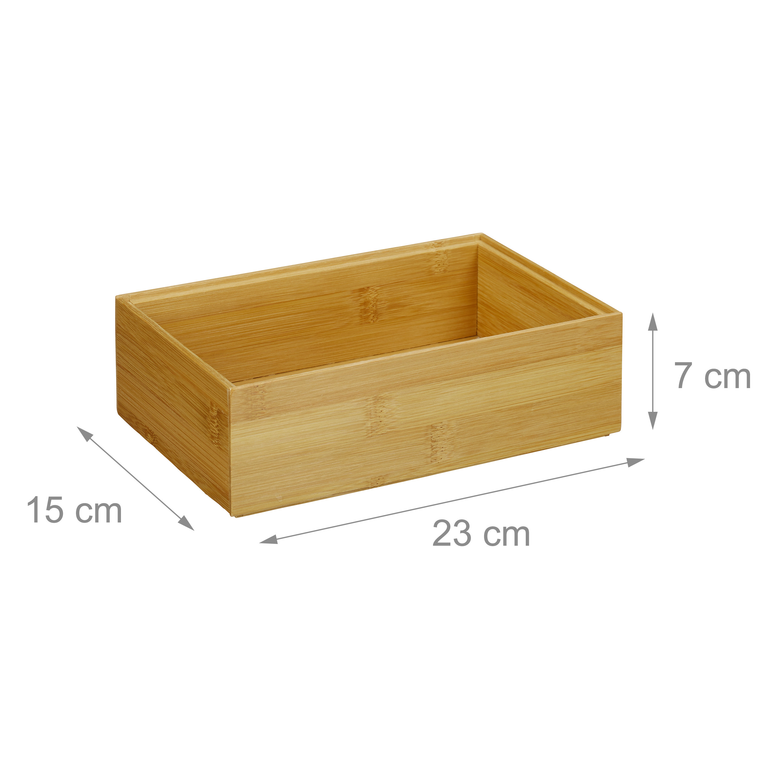 Rechteckige Bambus-Aufbewahrungsbox mit Maßen 23x15x7 cm vor weißem Hintergrund.