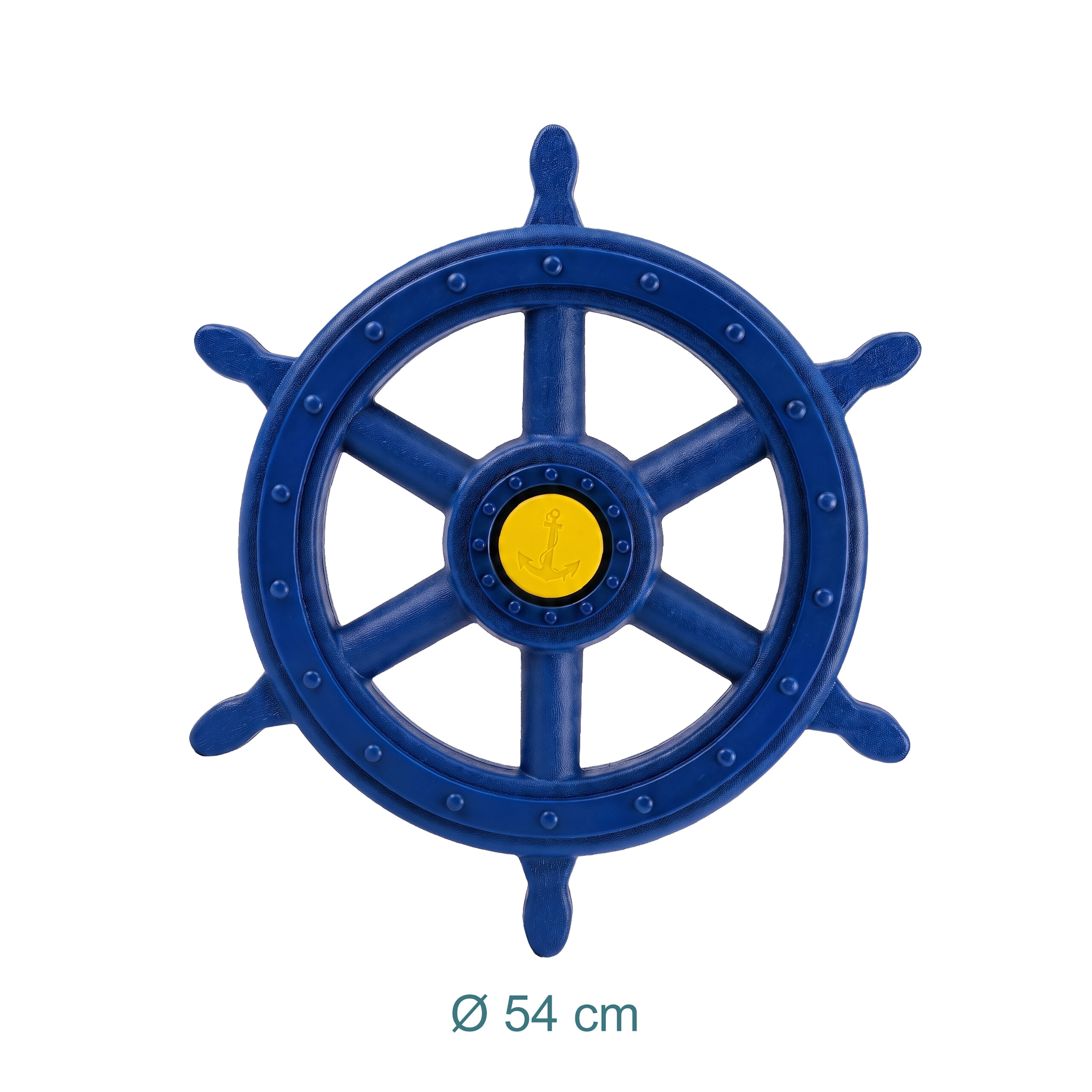 Ein blaues Schiffssteuerrad mit sechs Speichen und einem gelben Anker in der Mitte, Durchmesser 54 cm.
