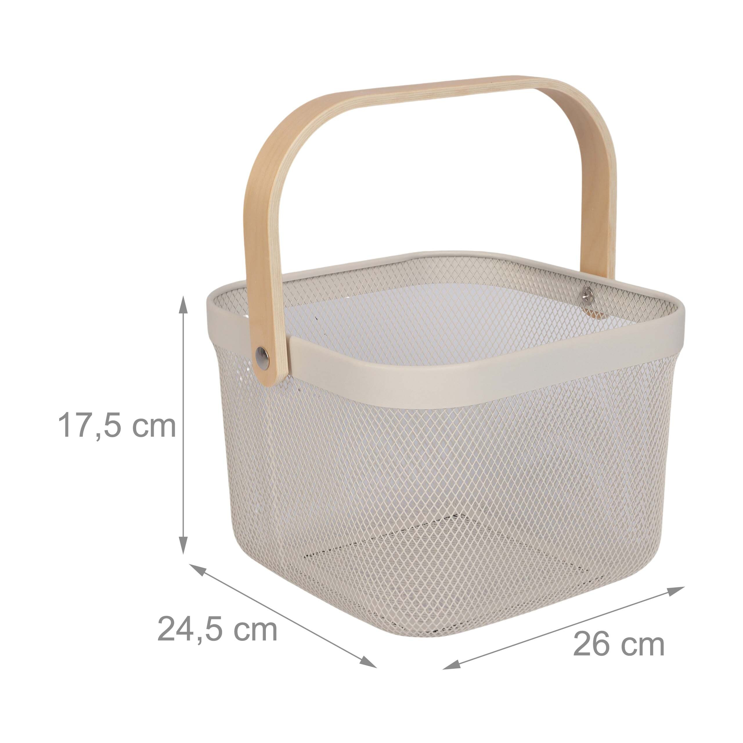 Beige Metallgitter-Aufbewahrungskorb mit Holzgriff, Maße: Höhe 17,5 cm, Tiefe 24,5 cm, Breite 26 cm.