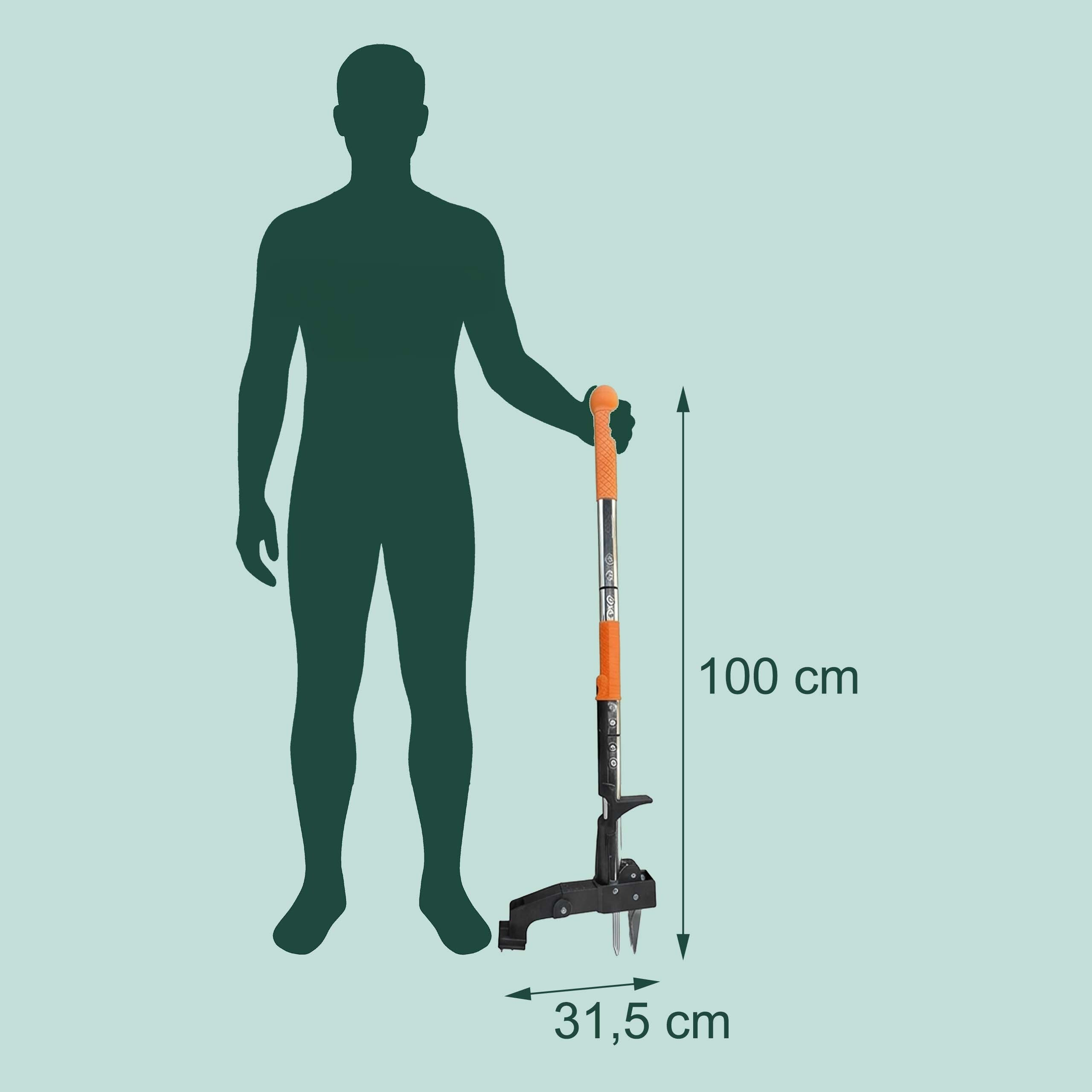 Grüne Menschensilhouette neben einem 100 cm hohen orange-schwarzen Weeder-Werkzeug mit den Maßen 31,5 cm.