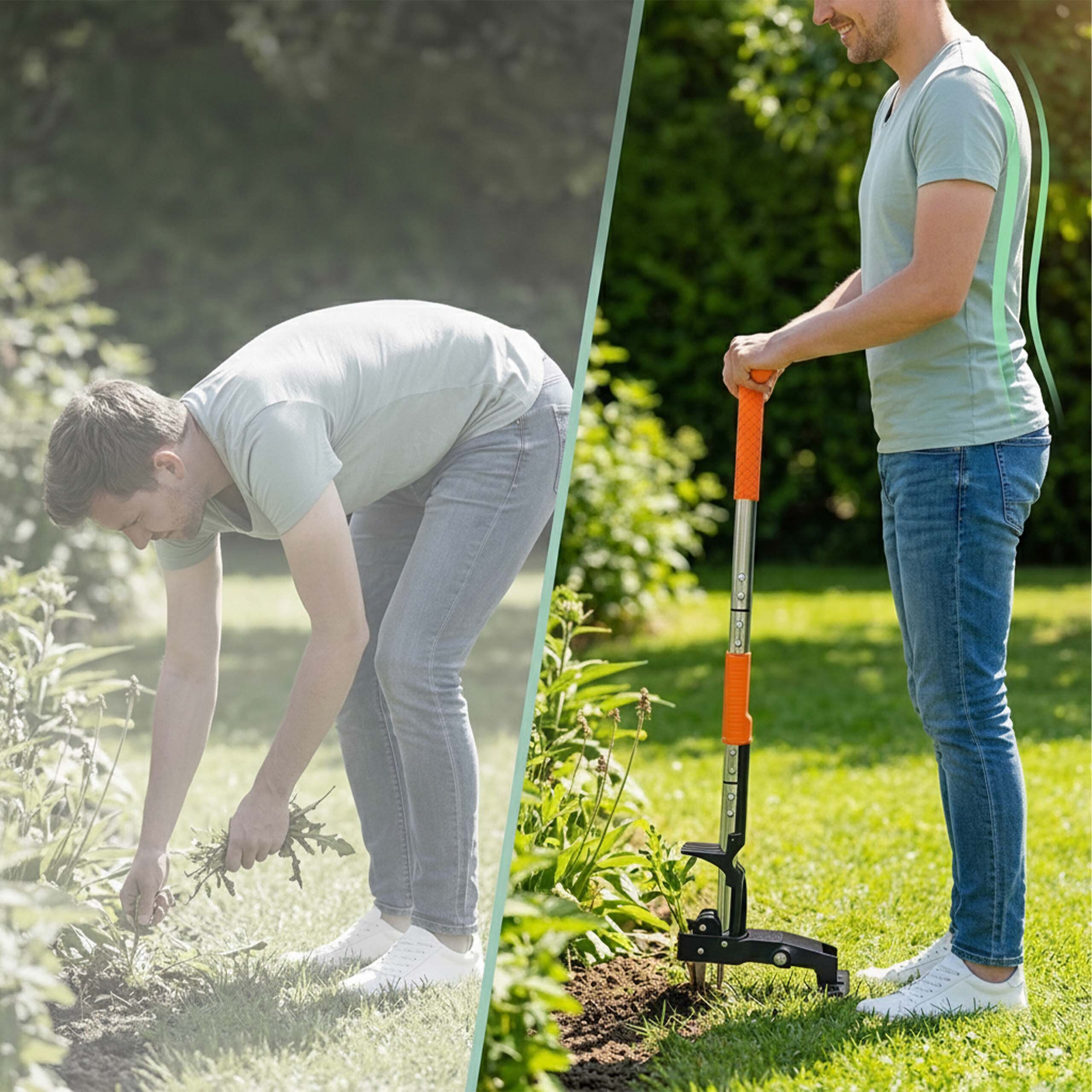 Vergleich zweier Gartenhaltungen: Links gebückt mit Schmerzen, rechts aufrecht mit einem Unkrautstecher.