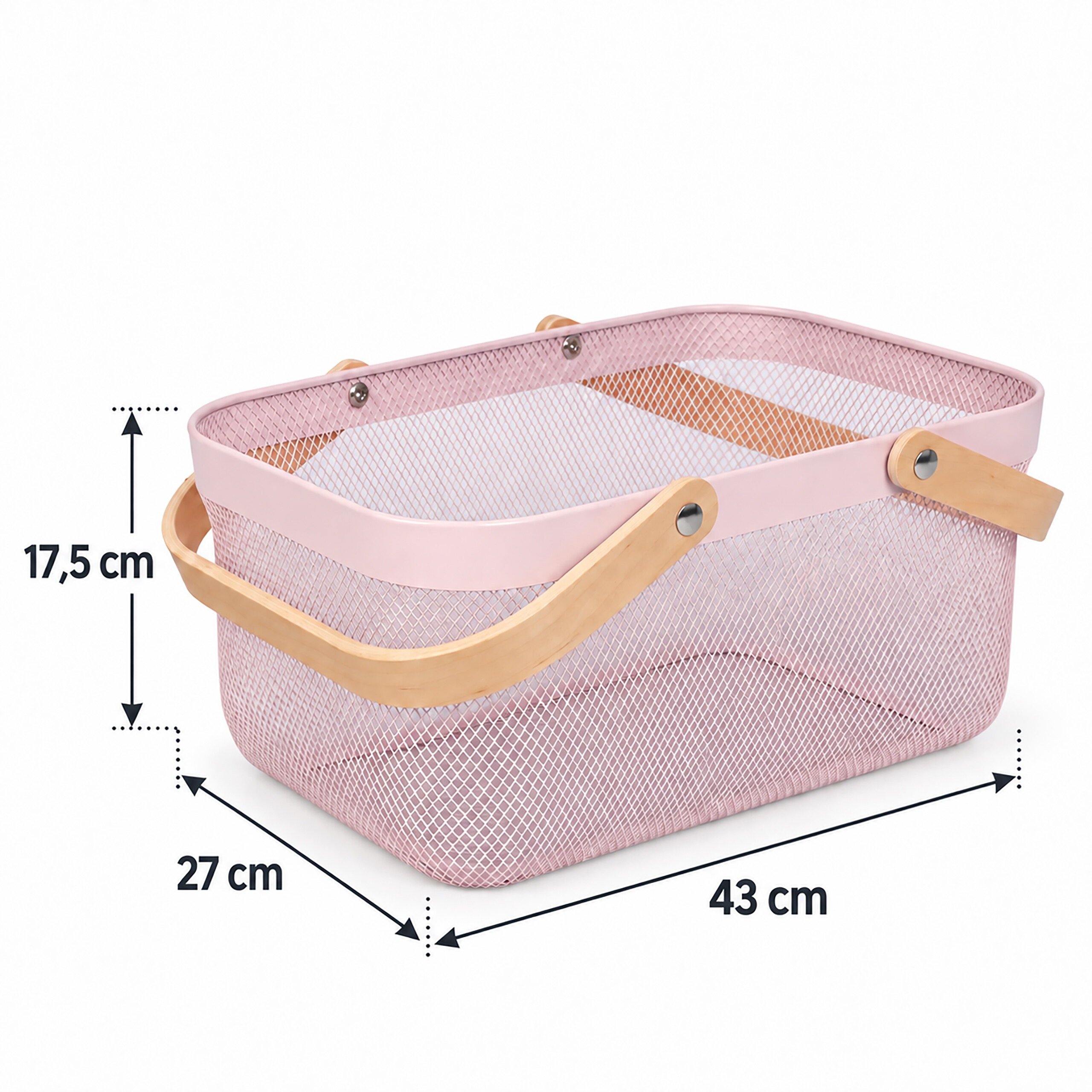 Rosa Drahtkorb mit Holzgriffen und Bemaßung von 43x27x17,5 cm.