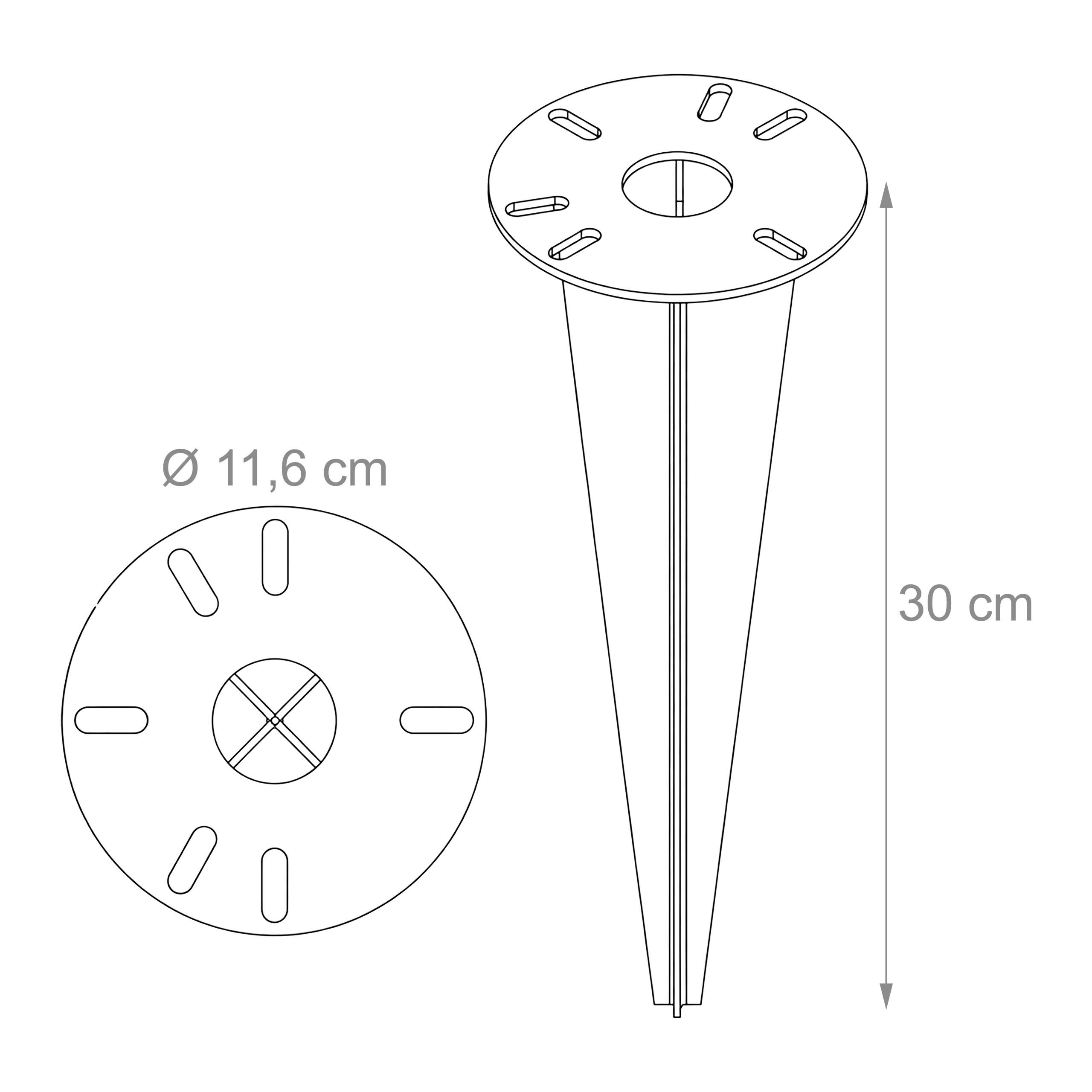 Technische Zeichnung eines Bodenankers mit 30 cm Höhe und 11,6 cm Durchmesser.