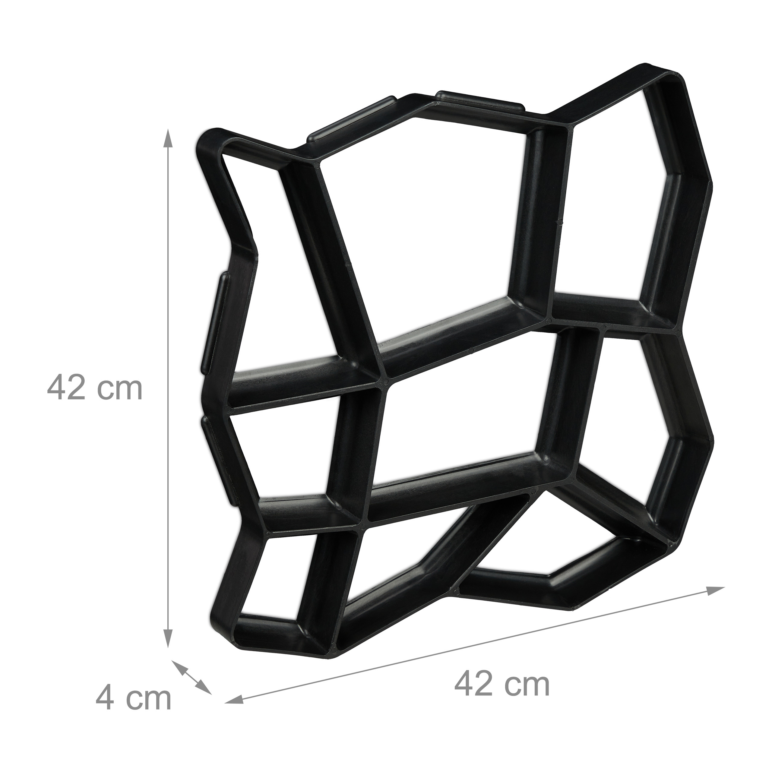Schwarze Kunststoff-Pflasterform mit den Maßen 42x42x4 cm.