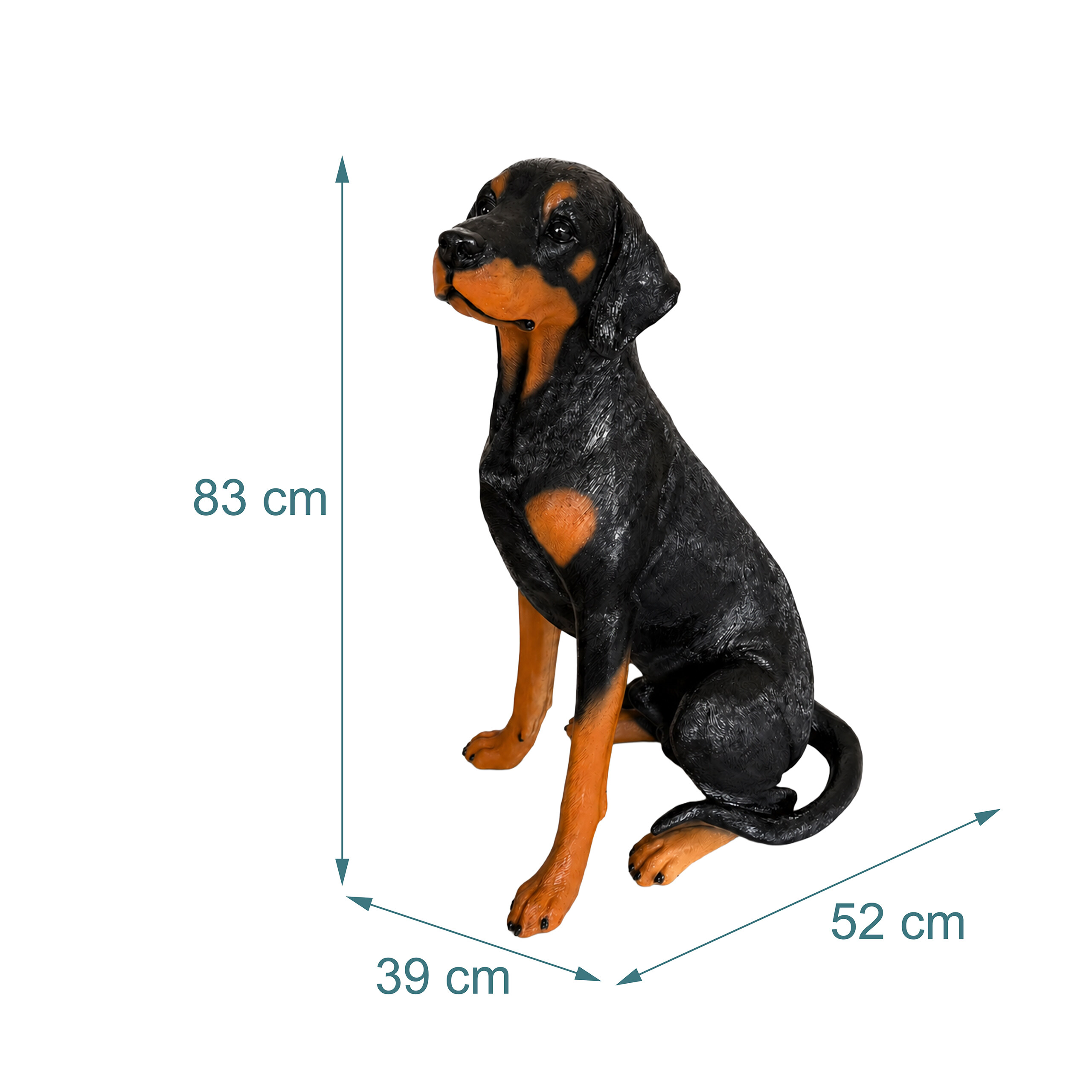 Statue eines sitzenden Dobermanns in Schwarz und Braun, 83 cm hoch, 39 cm breit und 52 cm tief.