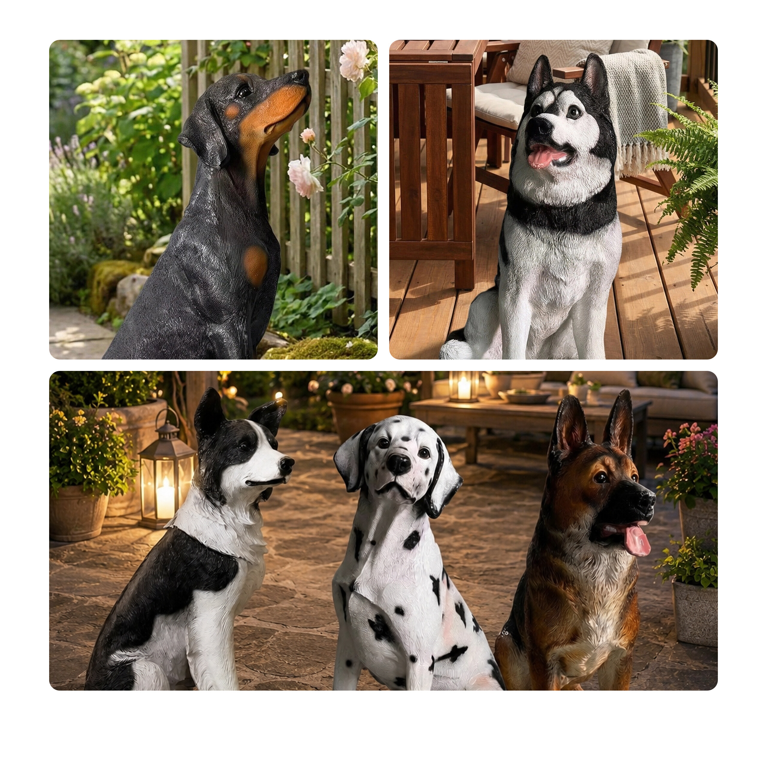 Verschiedene lebensechte Hundefiguren aus Harz auf einer Holzterrasse und im Garten.