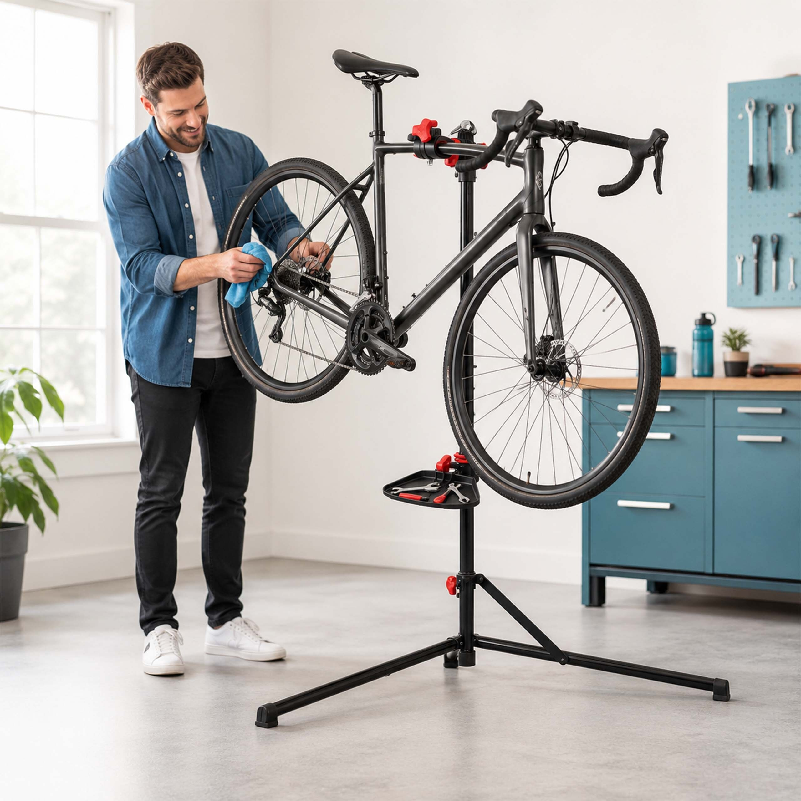 Ein Mann in einer Werkstatt reinigt ein schwarzes Fahrrad auf einem Montageständer.
