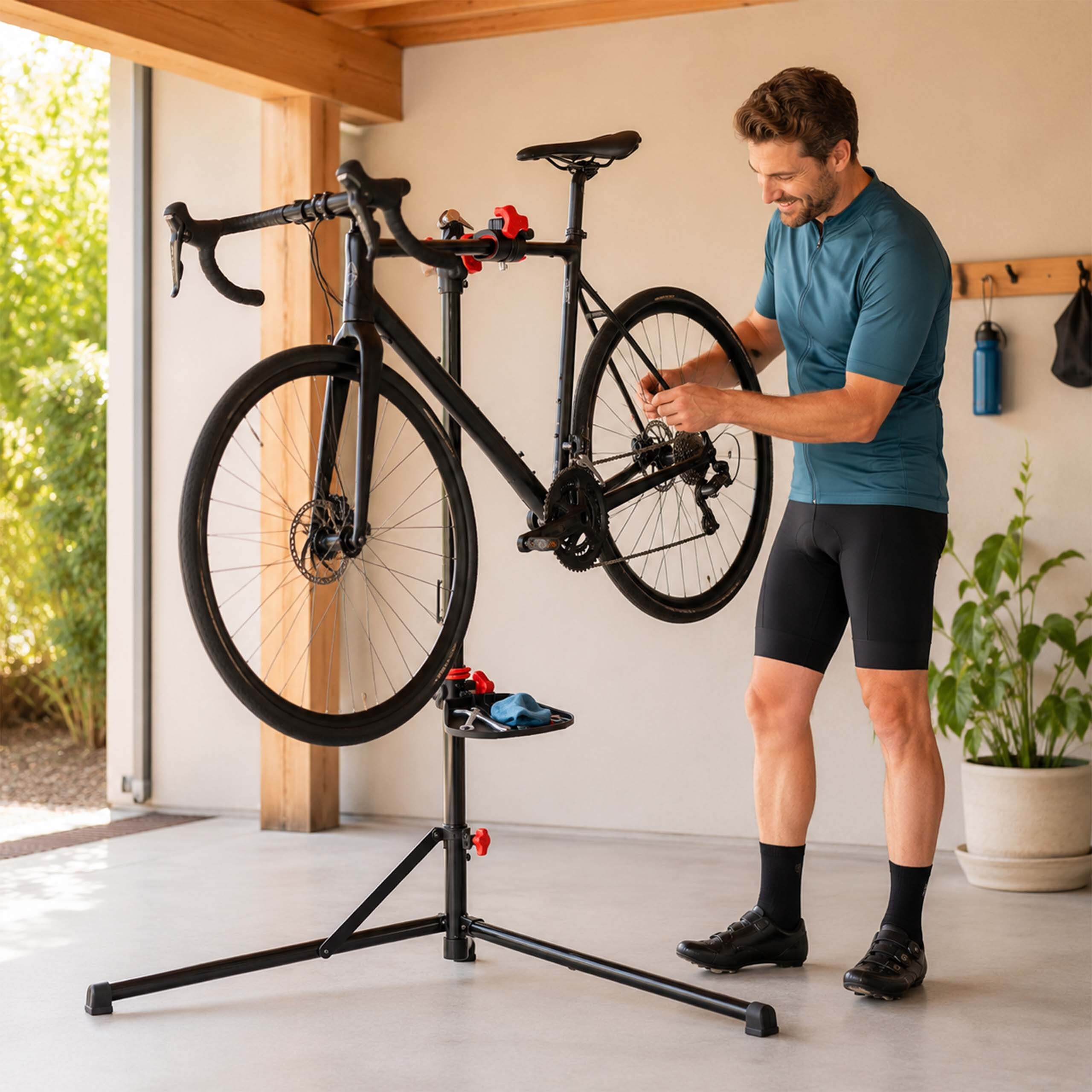 Ein Mann im blauen Trikot repariert ein schwarzes Rennrad auf einem Montageständer.