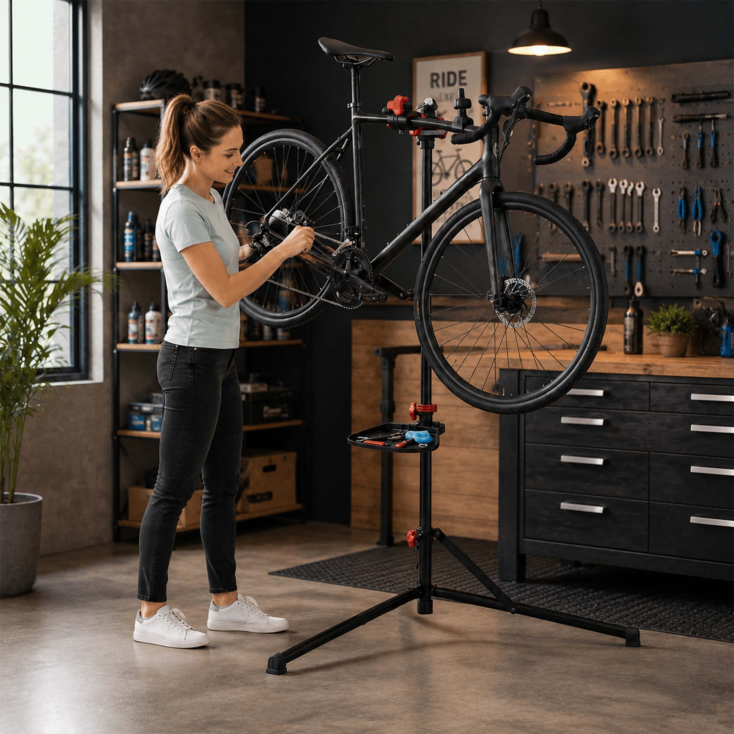 Eine Frau in einer Werkstatt repariert ein schwarzes Fahrrad auf einem Montageständer.