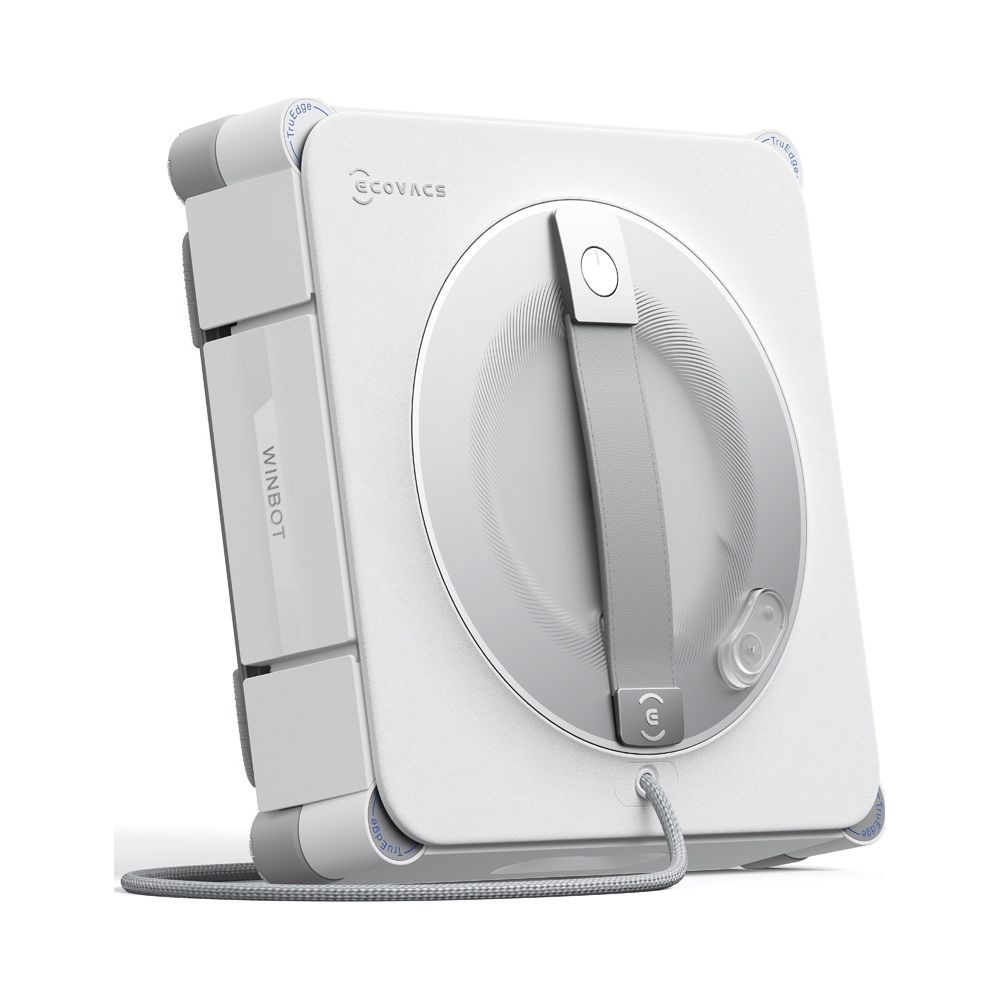 Ein weißer Ecovacs Winbot Fensterputzroboter steht auf weißem Grund mit einem grauen Haltegurt.