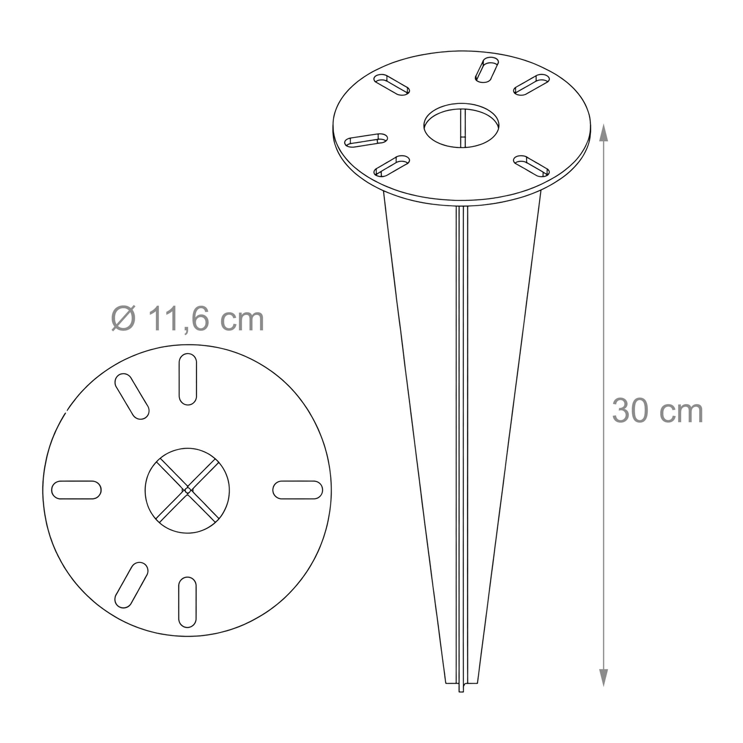 Technische Zeichnung eines 30 cm hohen und 11,6 cm breiten Bodenankers.