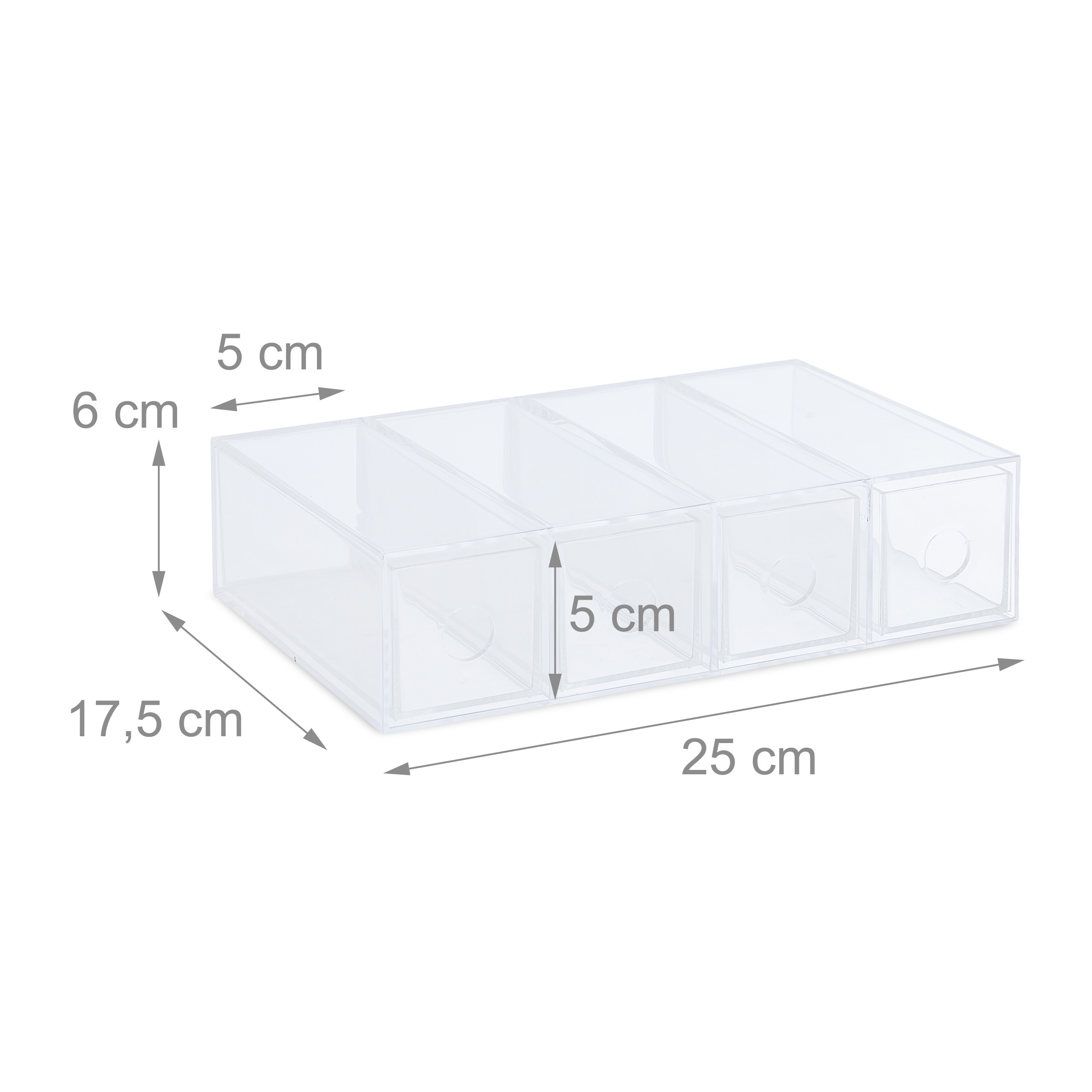 Transparente Acryl-Aufbewahrungsbox mit vier Schubladen, Maße: 25 cm breit, 17,5 cm tief und 6 cm hoch.