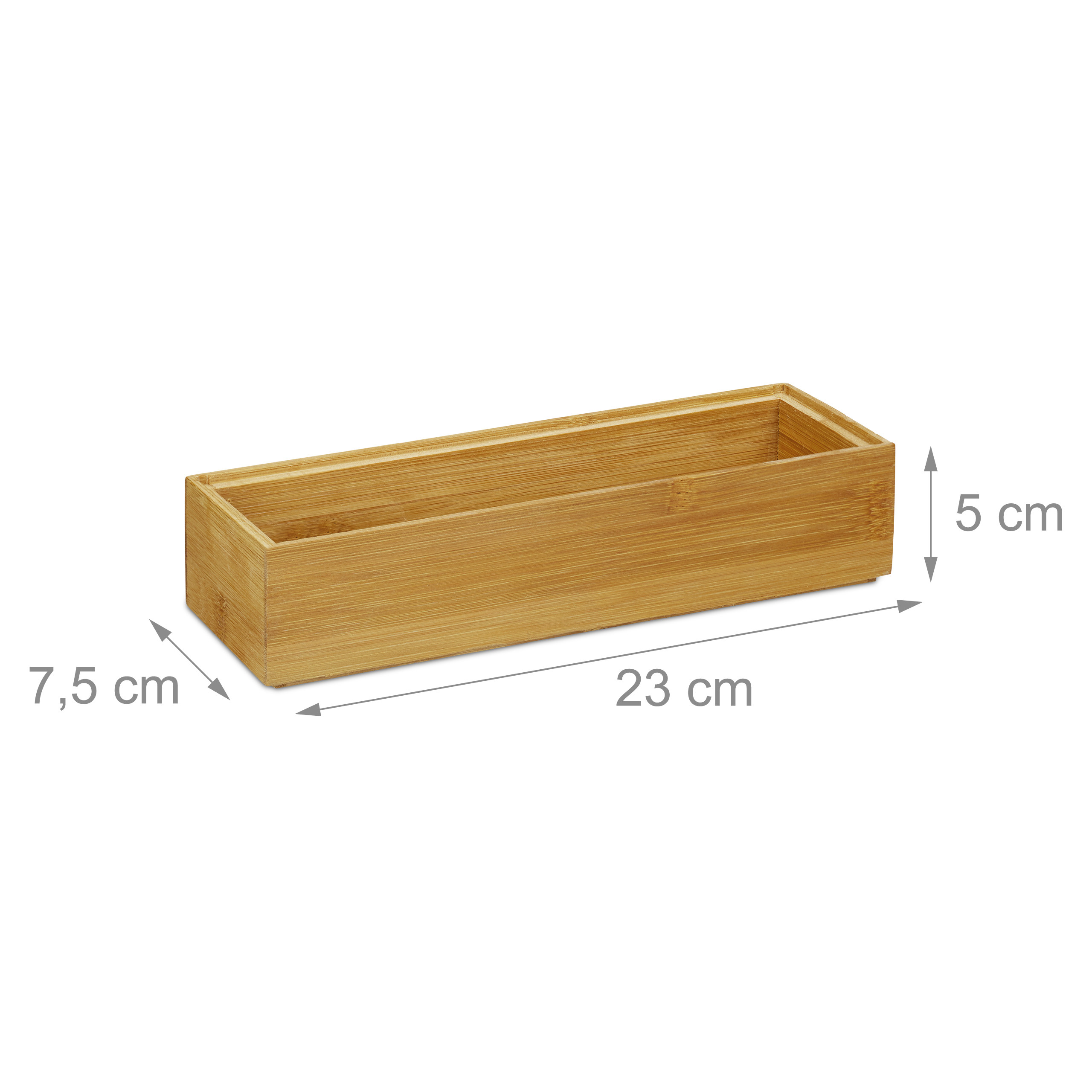 Längliche Bambus-Aufbewahrungsbox mit Maßen 23x7,5x5 cm vor weißem Hintergrund.