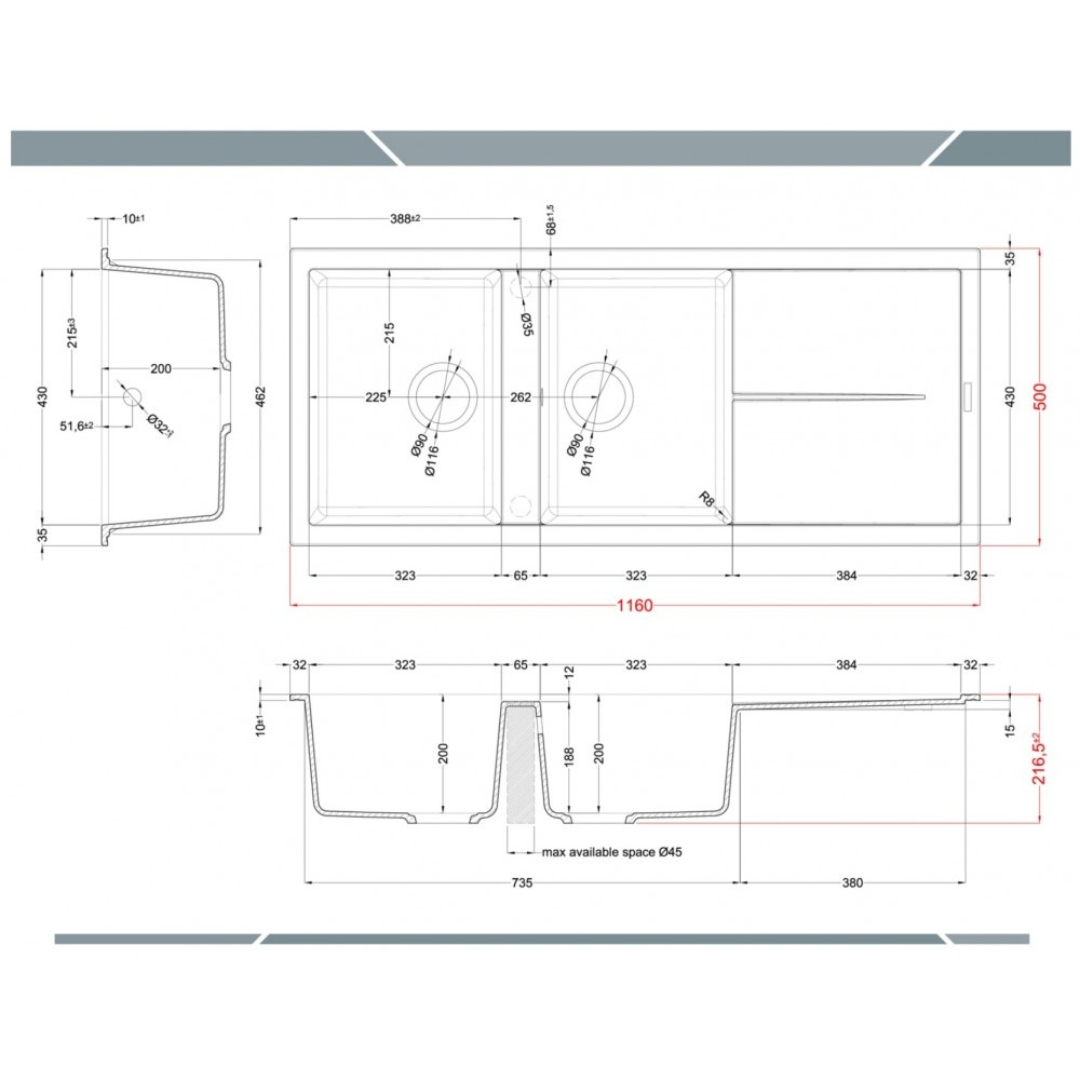 Disegno tecnico di un lavello da cucina doppio con quote in millimetri.