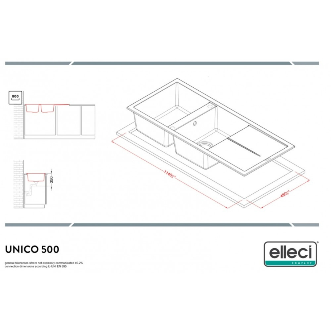 Disegno tecnico di un lavello Unico 500 con dimensioni e logo Elleci.
