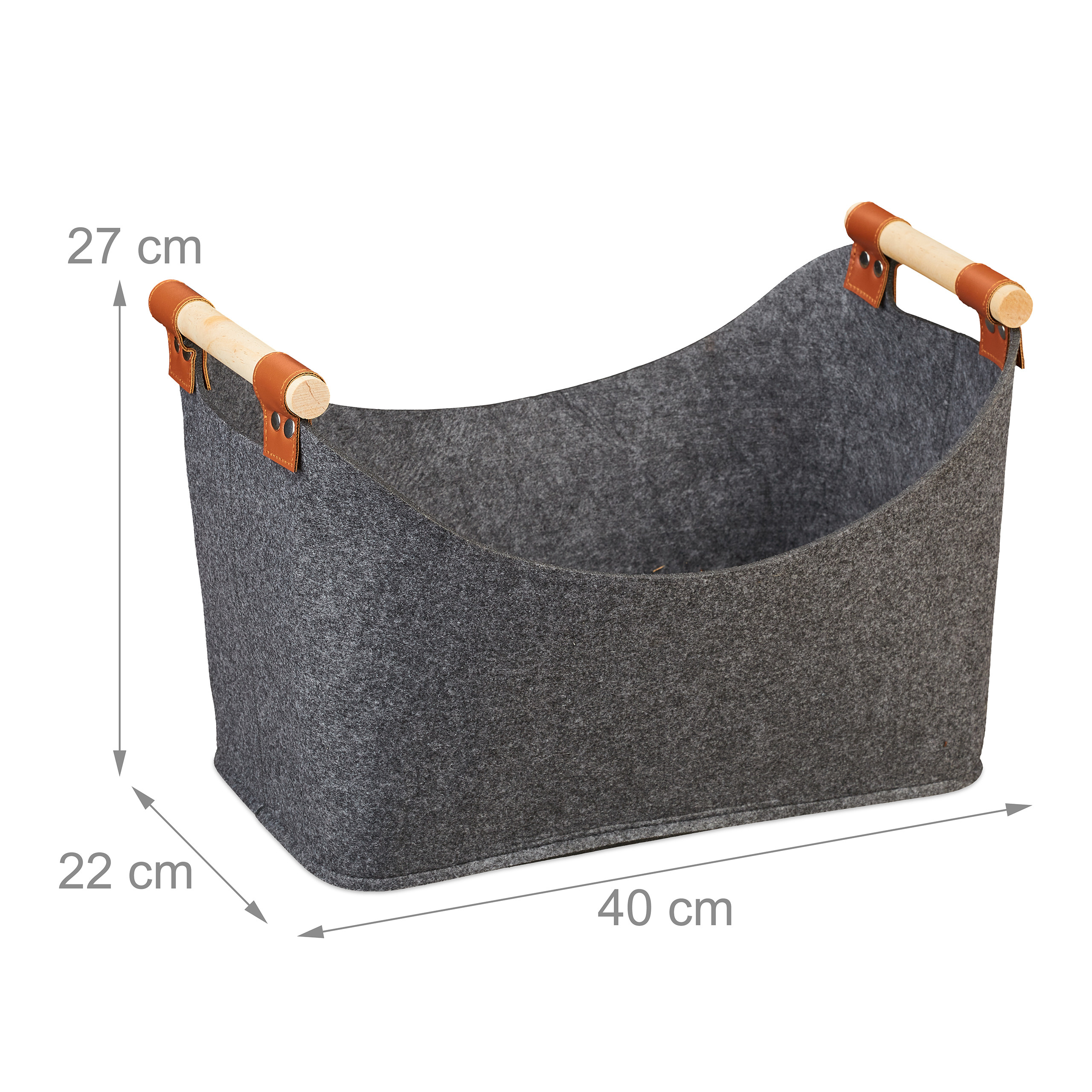 Grauer Filzkorb mit Holzgriffen, 40x22x27 cm, auf weißem Hintergrund.