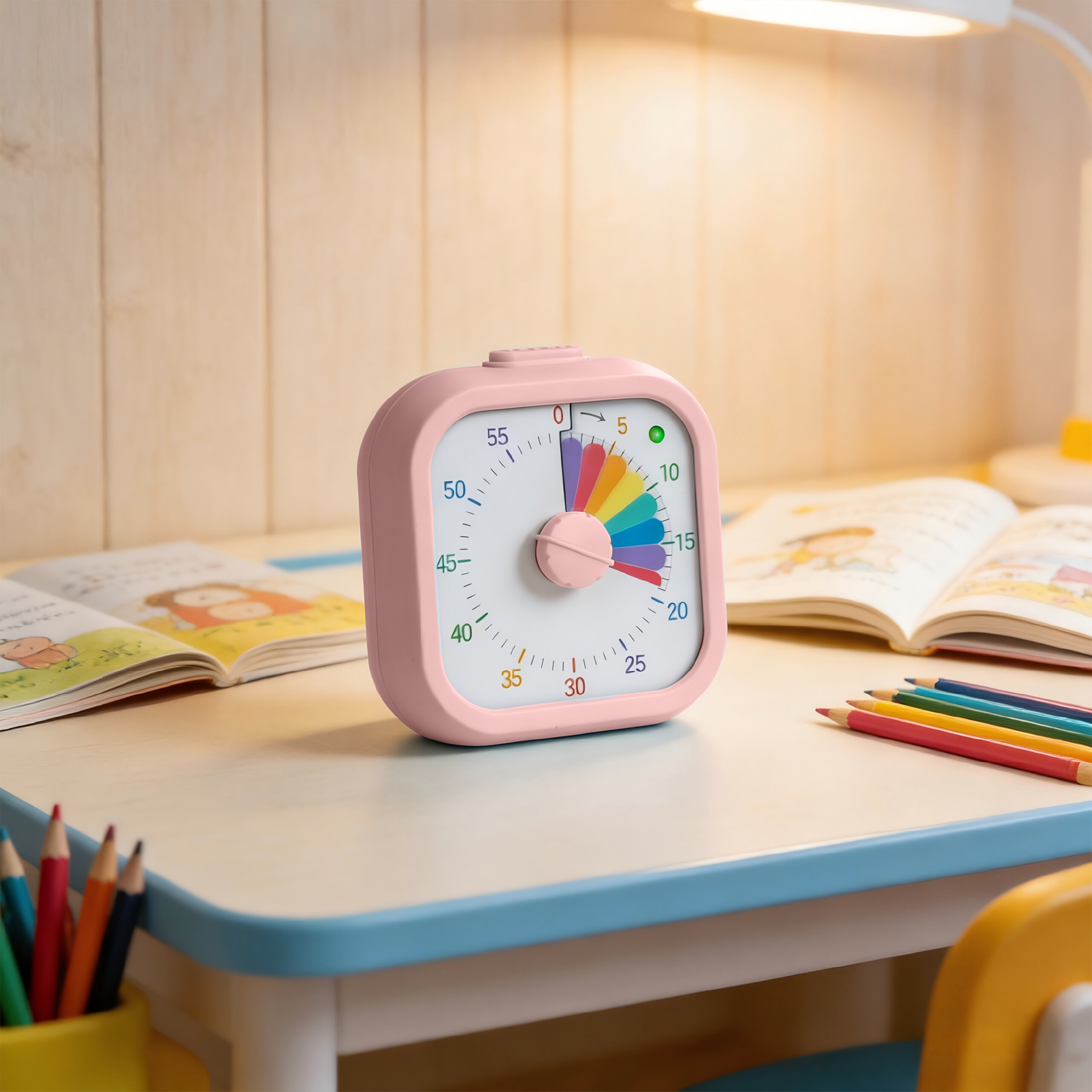 Ein pinker Timer mit farbiger Zeitanzeige steht auf einem Schreibtisch mit Büchern und Buntstiften.