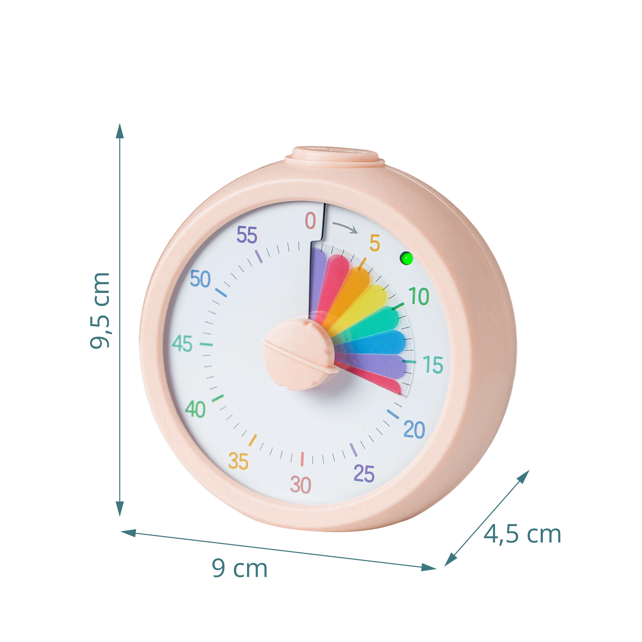 Rosa runder Timer mit Regenbogen-Zifferblatt und Maßen: 9,5 cm Höhe, 9 cm Breite, 4,5 cm Tiefe.