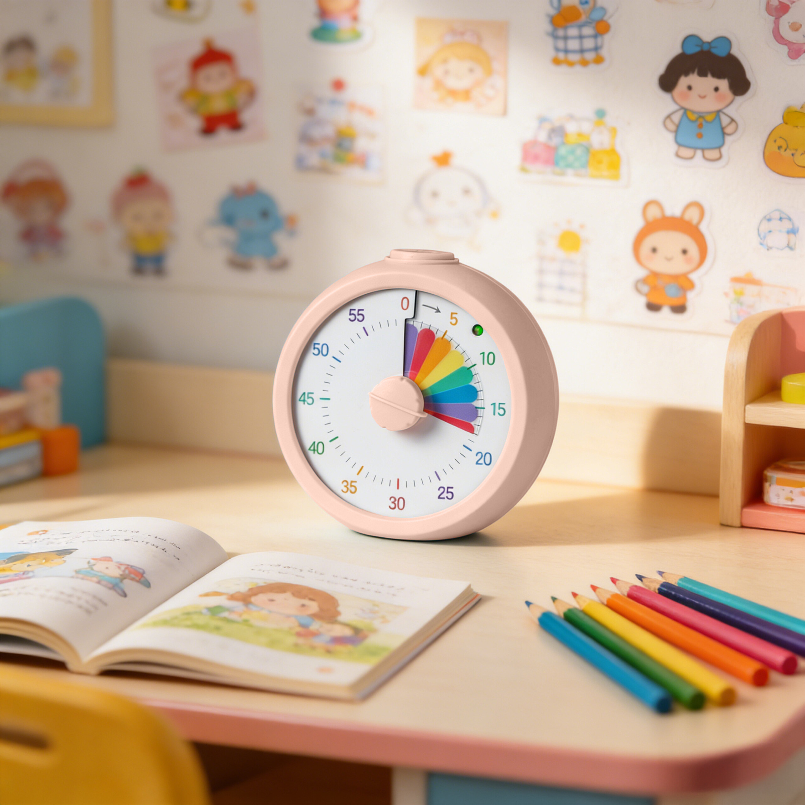 Ein rosa visueller Timer auf einem Schreibtisch mit einem offenen Bilderbuch und bunten Stiften.