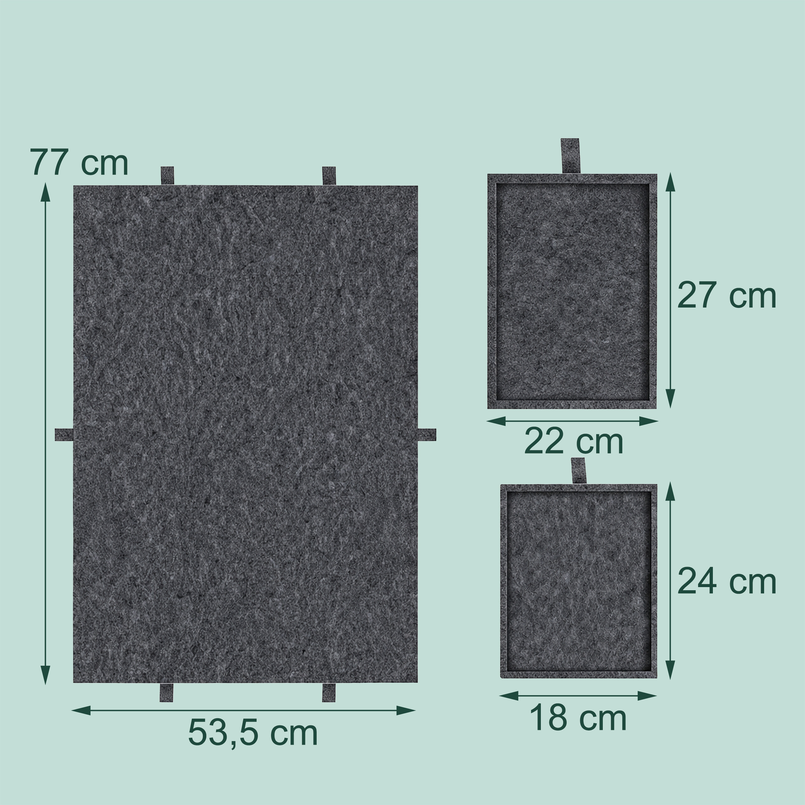 Diagramm mit drei grauen Filzartikeln und Maßangaben in Zentimetern auf hellgrünem Hintergrund.