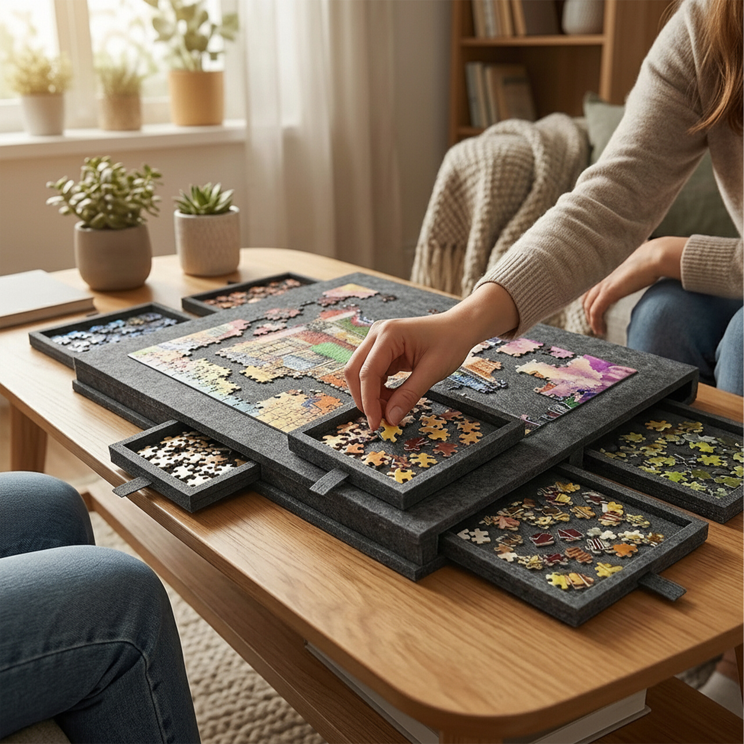 Eine Person legt ein Puzzleteil auf ein großes graues Puzzlebrett mit mehreren Schubladen auf einem Holztisch.