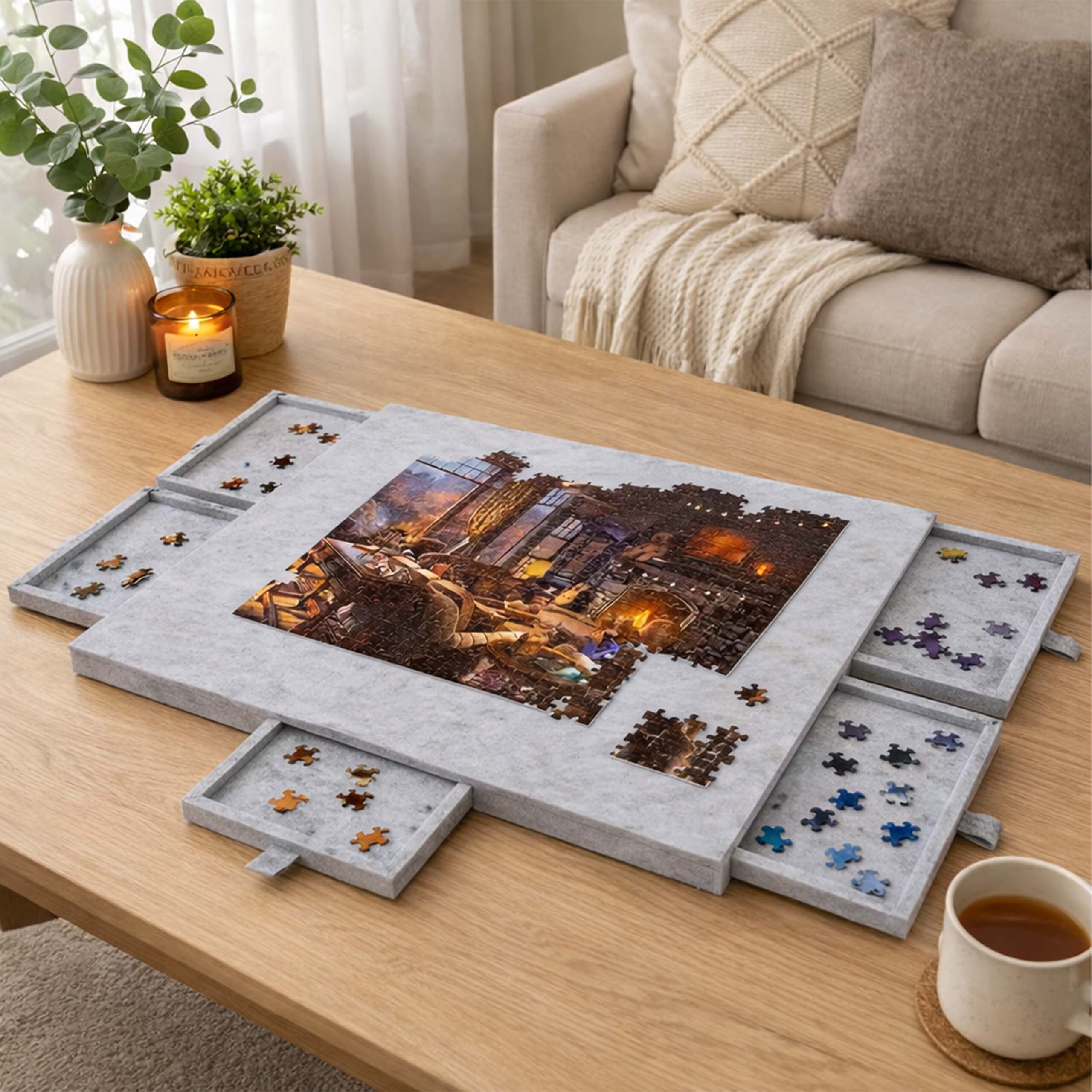 Ein unvollständiges Puzzle liegt auf einer grauen Matte mit Schubladen auf einem Holztisch, im Hintergrund ein Sofa.