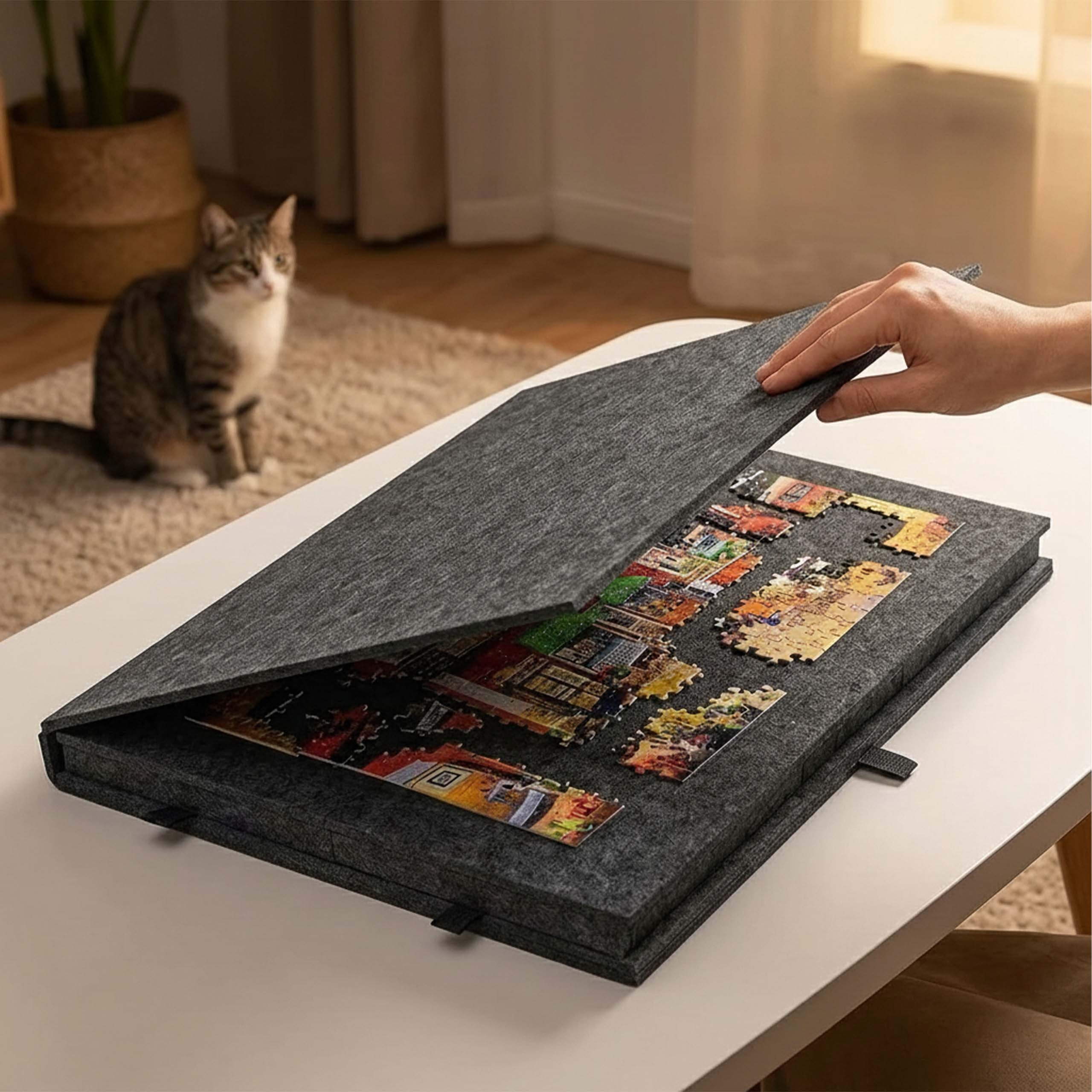 Eine Hand öffnet ein graues Filz-Puzzleetui auf einem Tisch, im Hintergrund sitzt eine Katze.