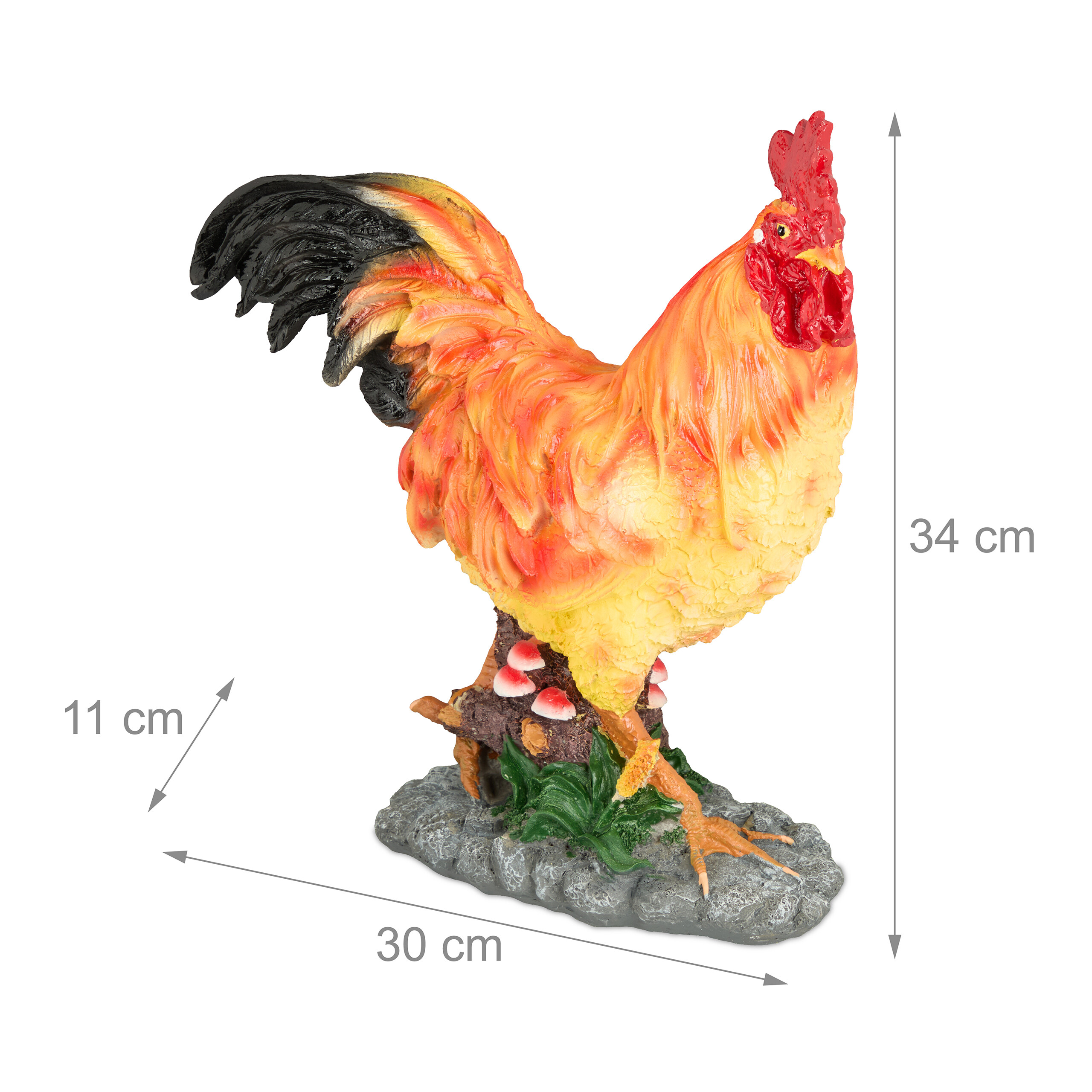 Eine bunte Hahnfigur auf steinigem Sockel mit Maßpfeilen für 34 cm Höhe und 30 cm Länge.
