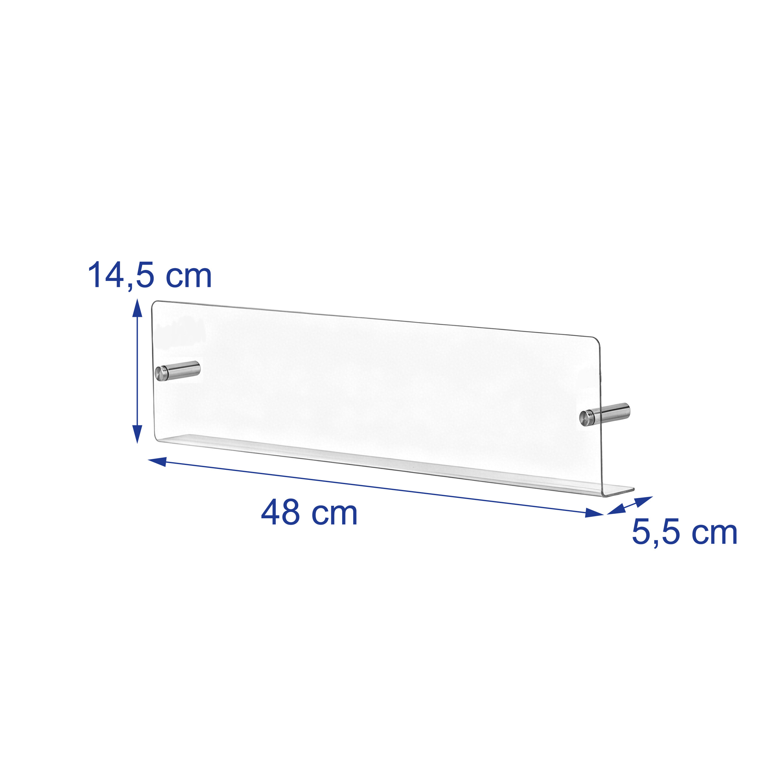Technische Zeichnung eines transparenten Acryl-Wandregals mit Maßen: 48 cm lang, 14,5 cm hoch, 5,5 cm tief.